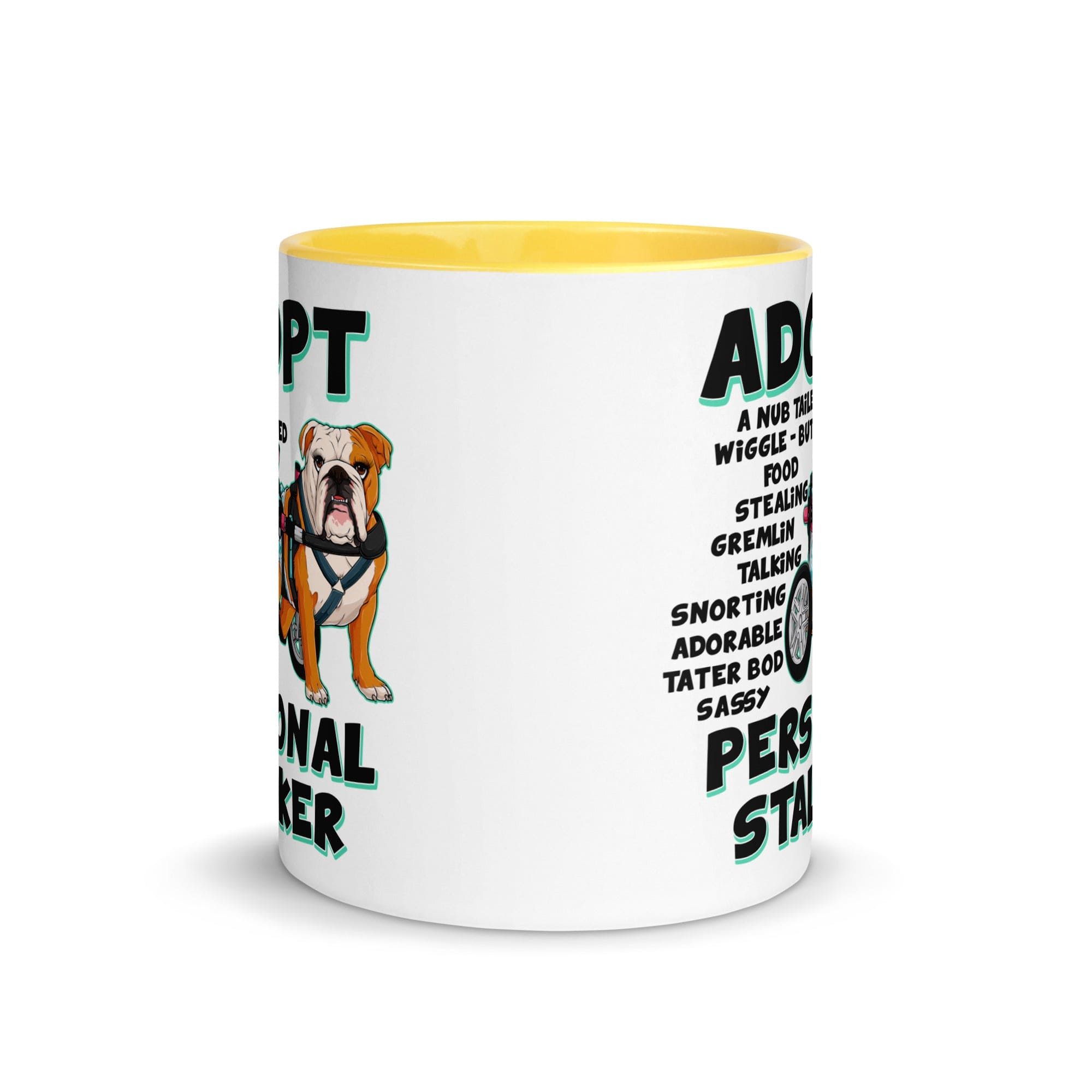 "Adopt A Personal Stalker" Female English Bulldog Mug | Red & White Colored with Spina Bifida in Wheelchair