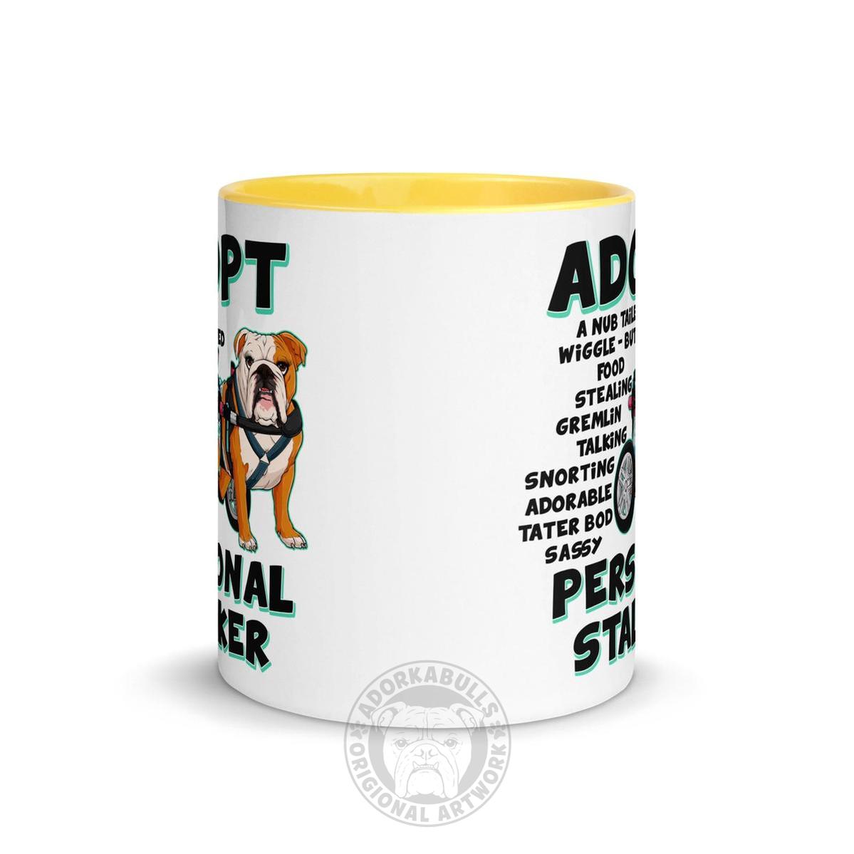 "Adopt A Personal Stalker" Female English Bulldog Mug | Red & White Colored with Spina Bifida in Wheelchair