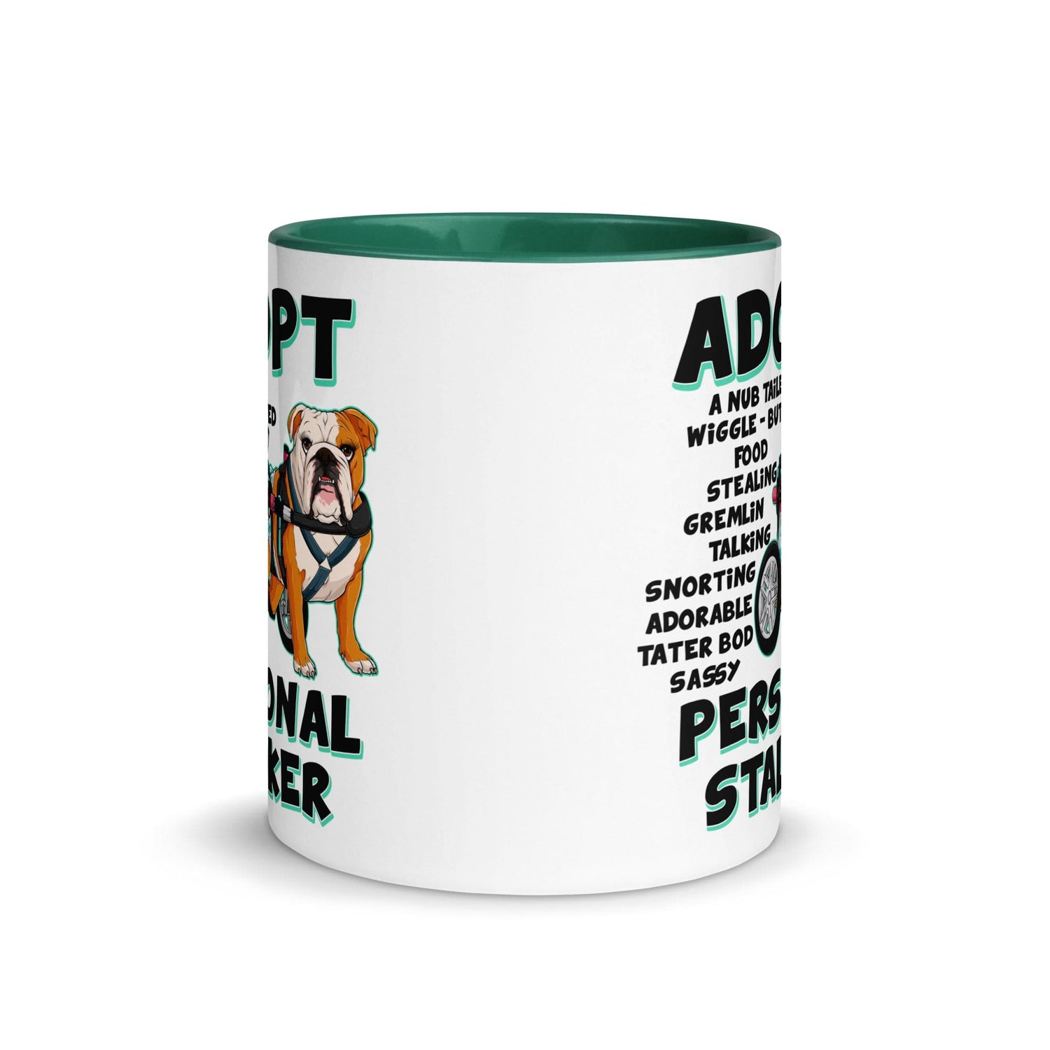"Adopt A Personal Stalker" Female English Bulldog Mug | Red & White Colored with Spina Bifida in Wheelchair