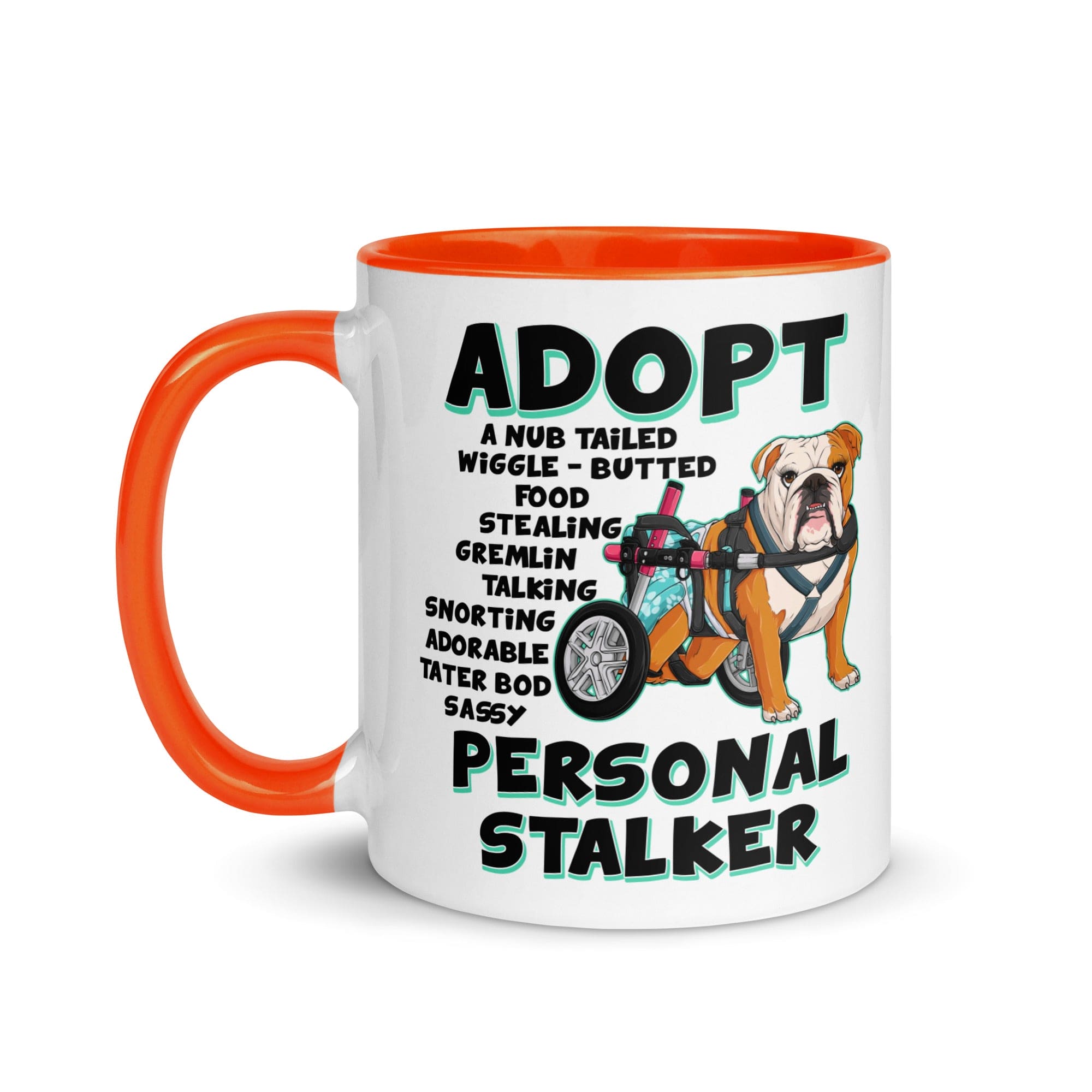 "Adopt A Personal Stalker" Female English Bulldog Mug | Red & White Colored with Spina Bifida in Wheelchair