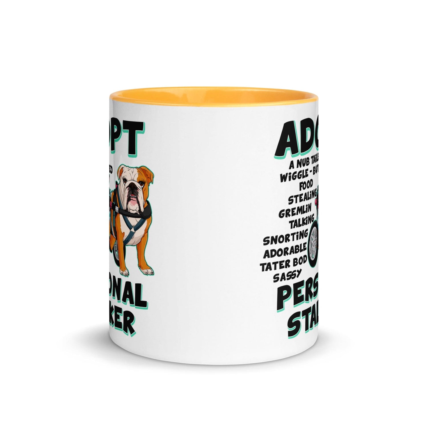 "Adopt A Personal Stalker" Female English Bulldog Mug | Red & White Colored with Spina Bifida in Wheelchair