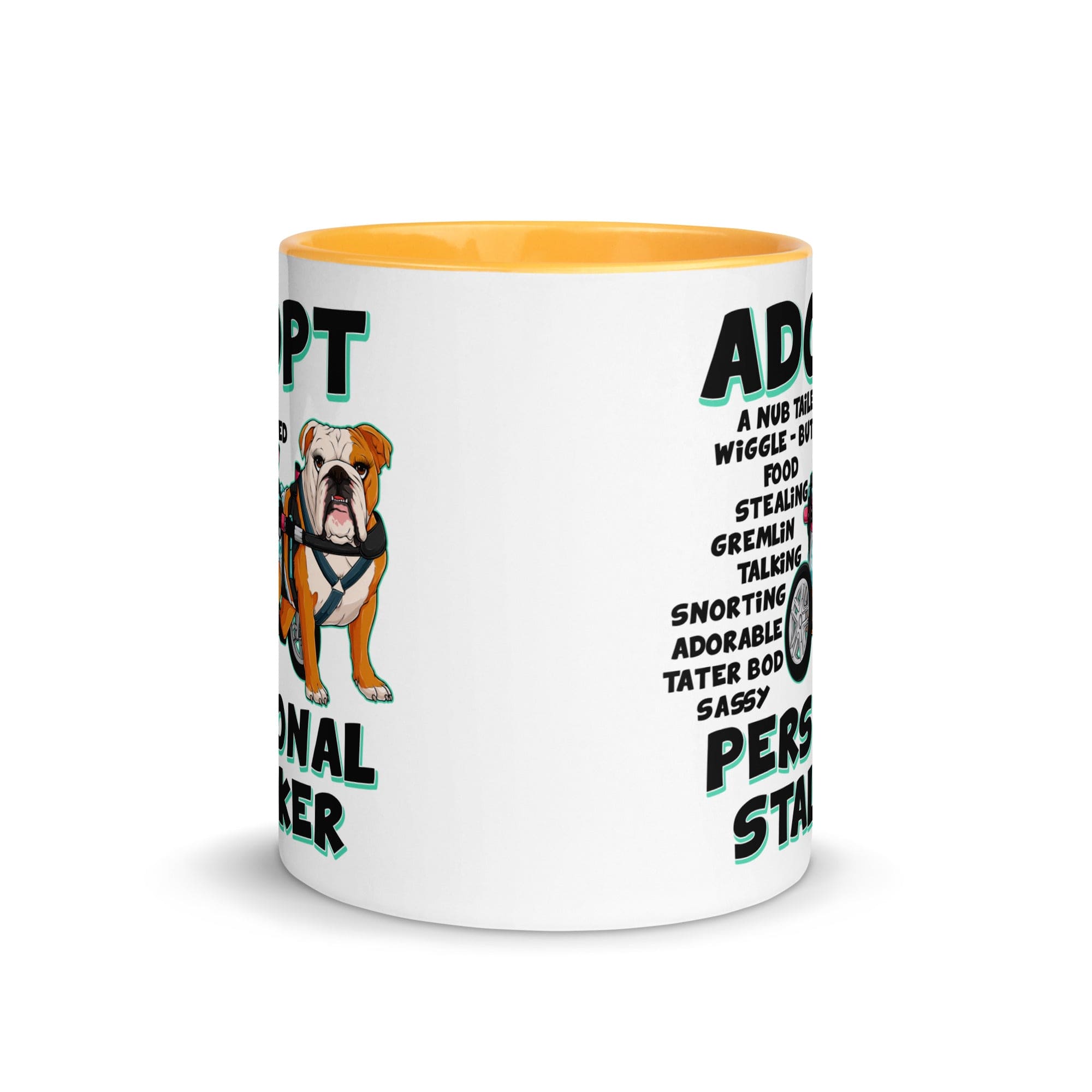 "Adopt A Personal Stalker" Female English Bulldog Mug | Red & White Colored with Spina Bifida in Wheelchair