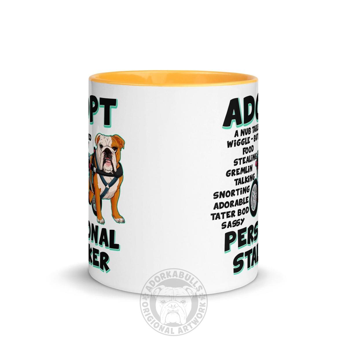 "Adopt A Personal Stalker" Female English Bulldog Mug | Red & White Colored with Spina Bifida in Wheelchair