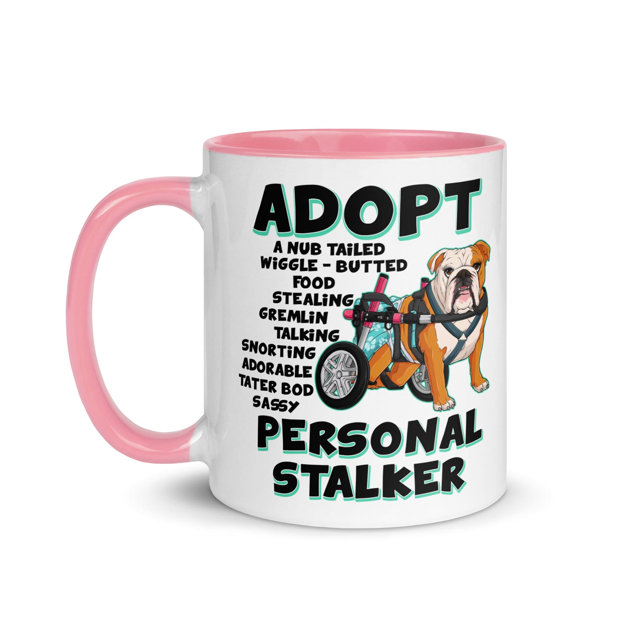 "Adopt A Personal Stalker" Female English Bulldog Mug | Red & White Colored with Spina Bifida in Wheelchair