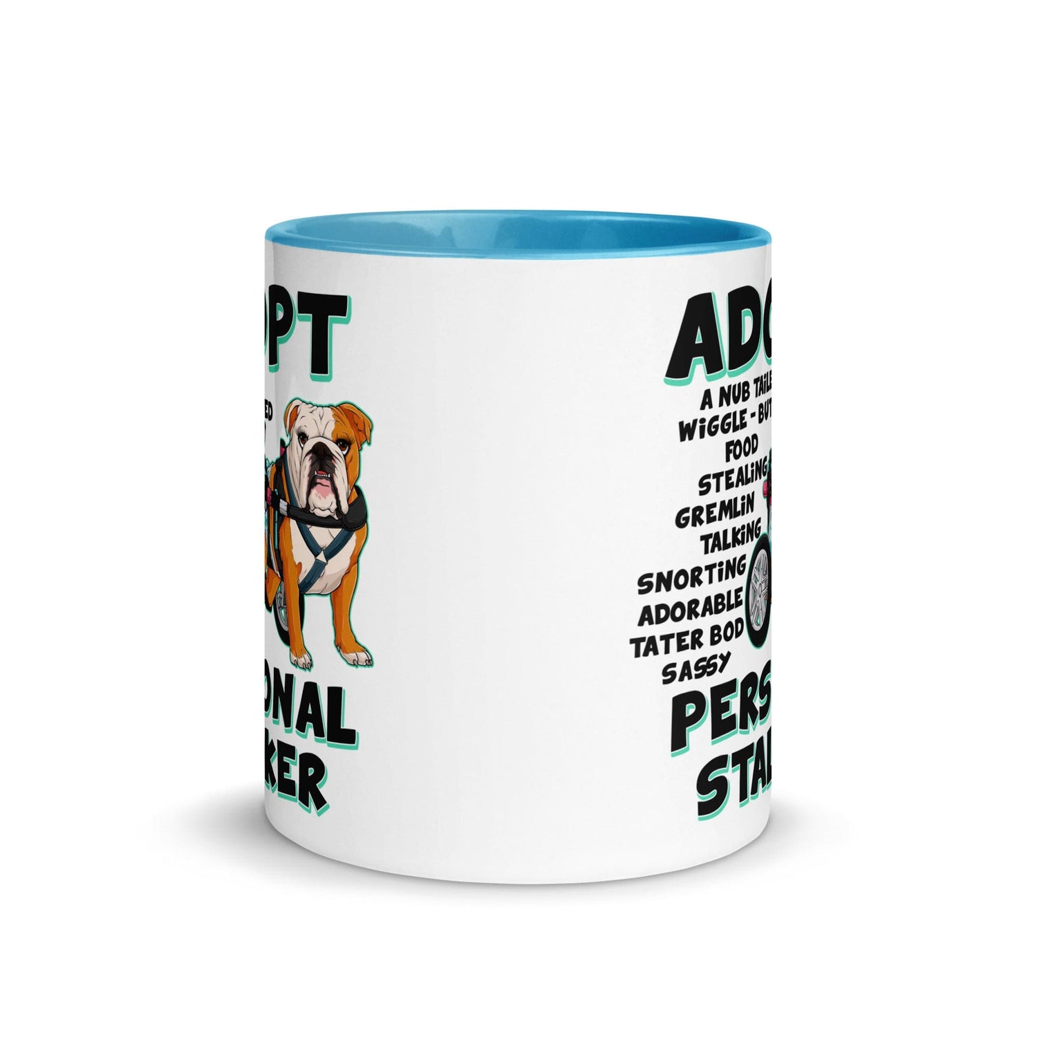 "Adopt A Personal Stalker" Female English Bulldog Mug | Red & White Colored with Spina Bifida in Wheelchair