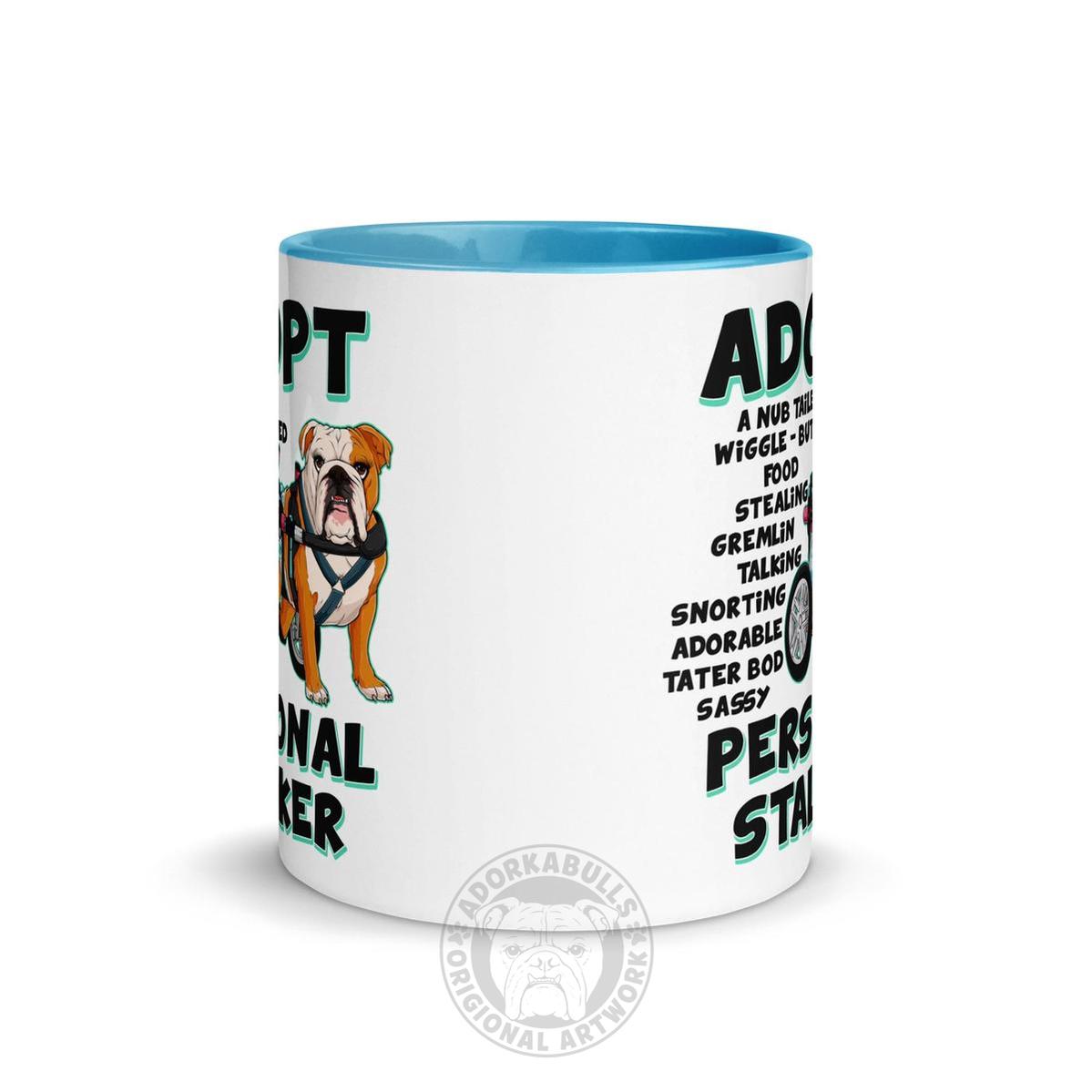 "Adopt A Personal Stalker" Female English Bulldog Mug | Red & White Colored with Spina Bifida in Wheelchair