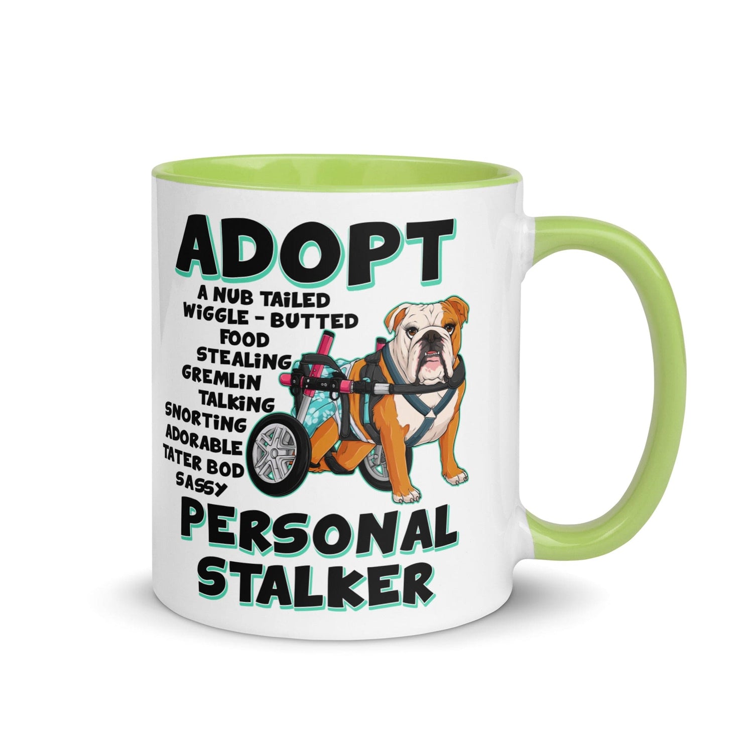 "Adopt A Personal Stalker" Female English Bulldog Mug | Red & White Colored with Spina Bifida in Wheelchair
