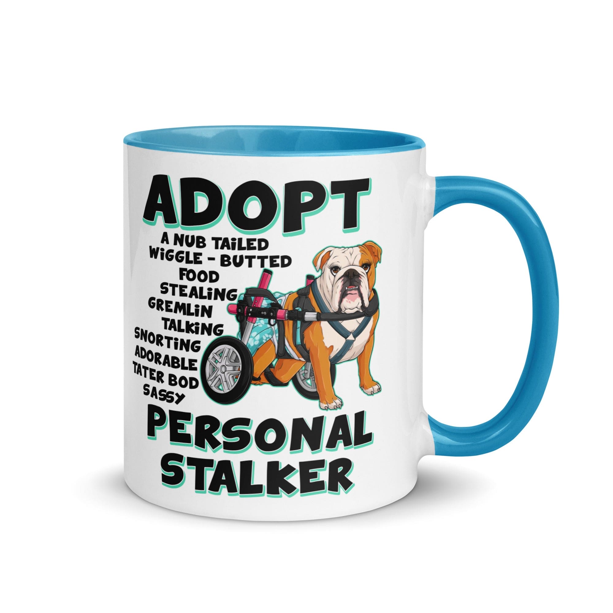 "Adopt A Personal Stalker" Female English Bulldog Mug | Red & White Colored with Spina Bifida in Wheelchair