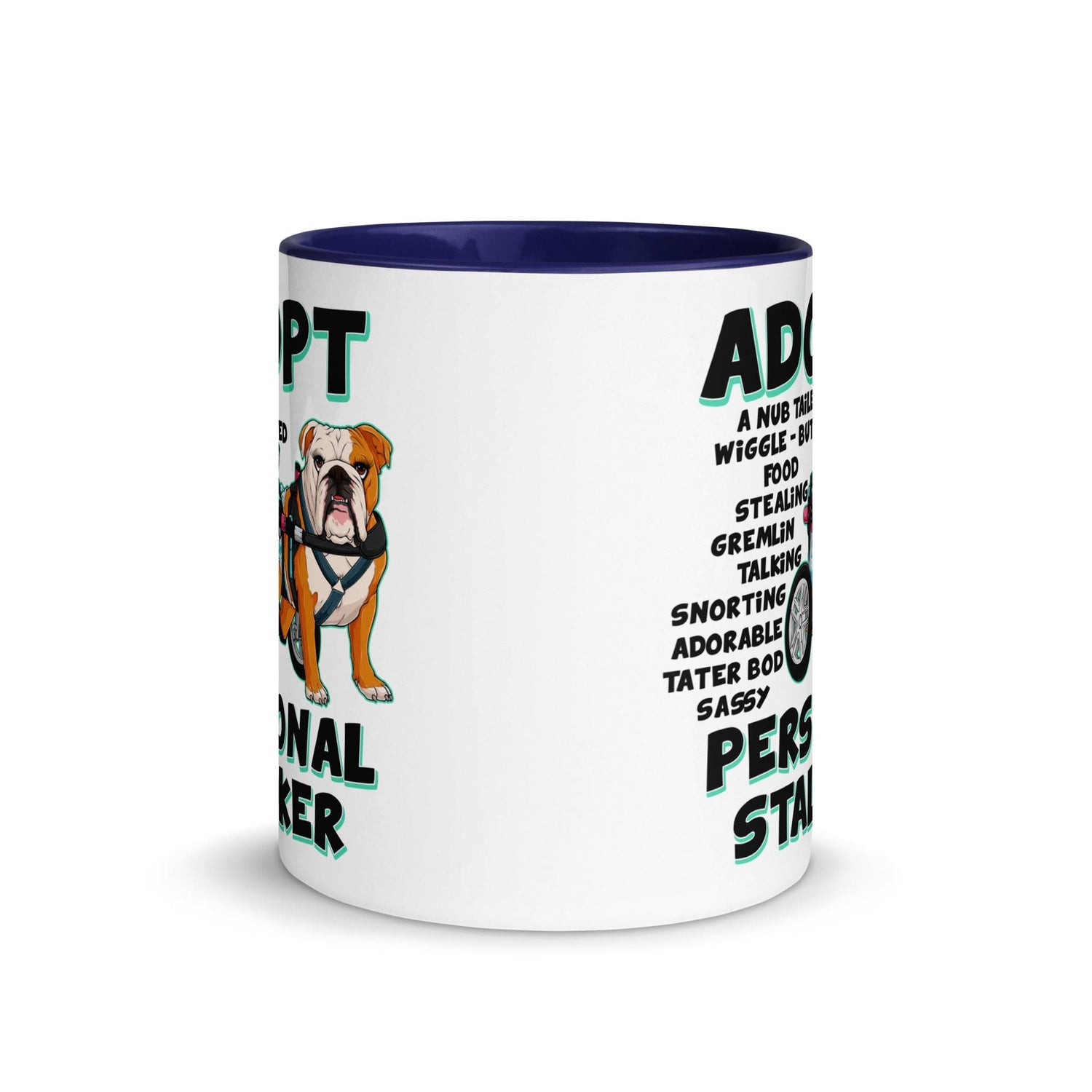 "Adopt A Personal Stalker" Female English Bulldog Mug | Red & White Colored with Spina Bifida in Wheelchair