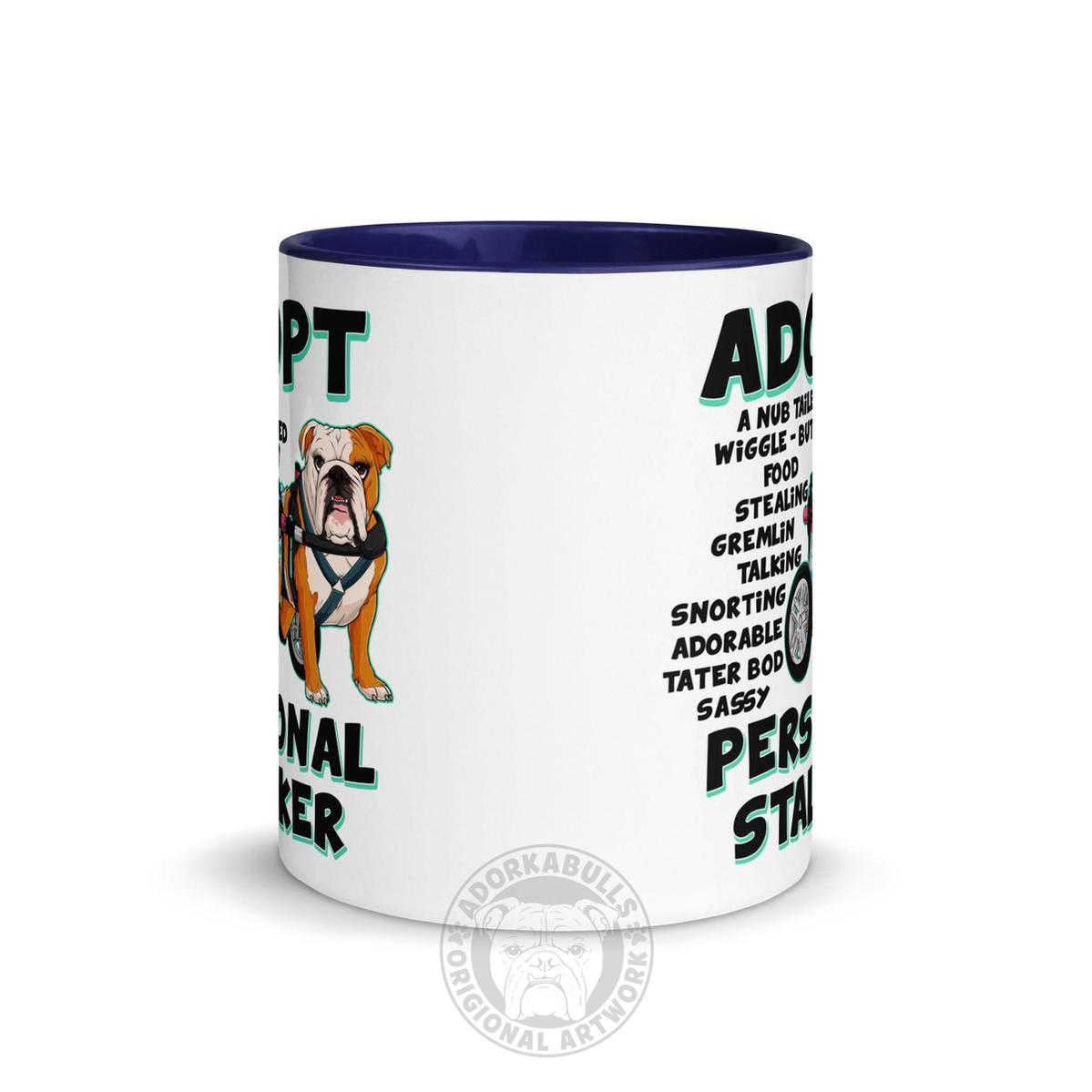 "Adopt A Personal Stalker" Female English Bulldog Mug | Red & White Colored with Spina Bifida in Wheelchair