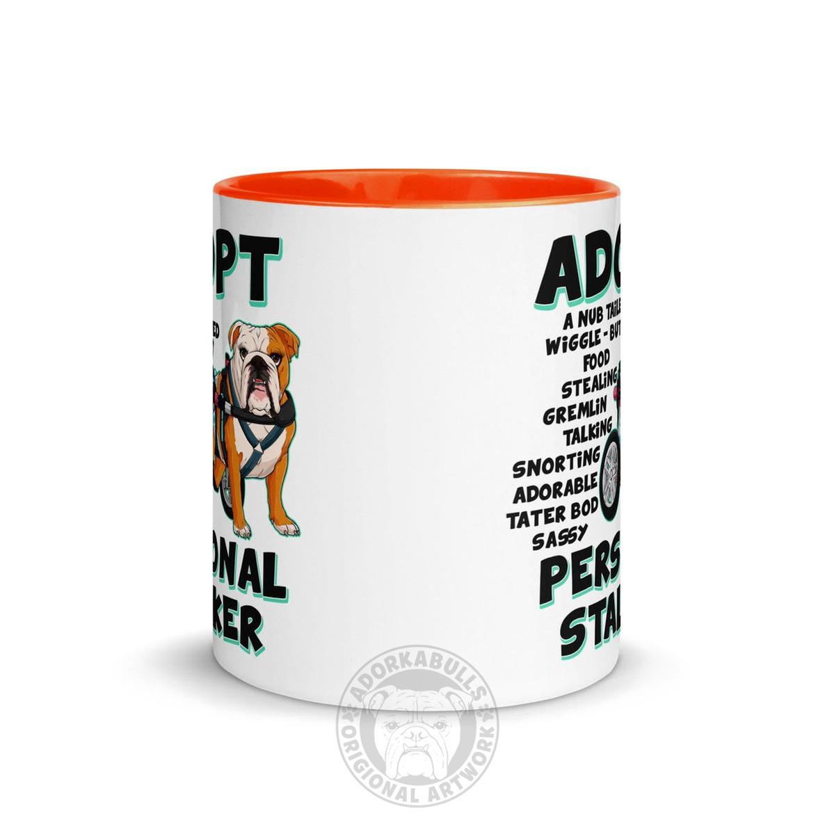 "Adopt A Personal Stalker" Female English Bulldog Mug | Red & White Colored with Spina Bifida in Wheelchair