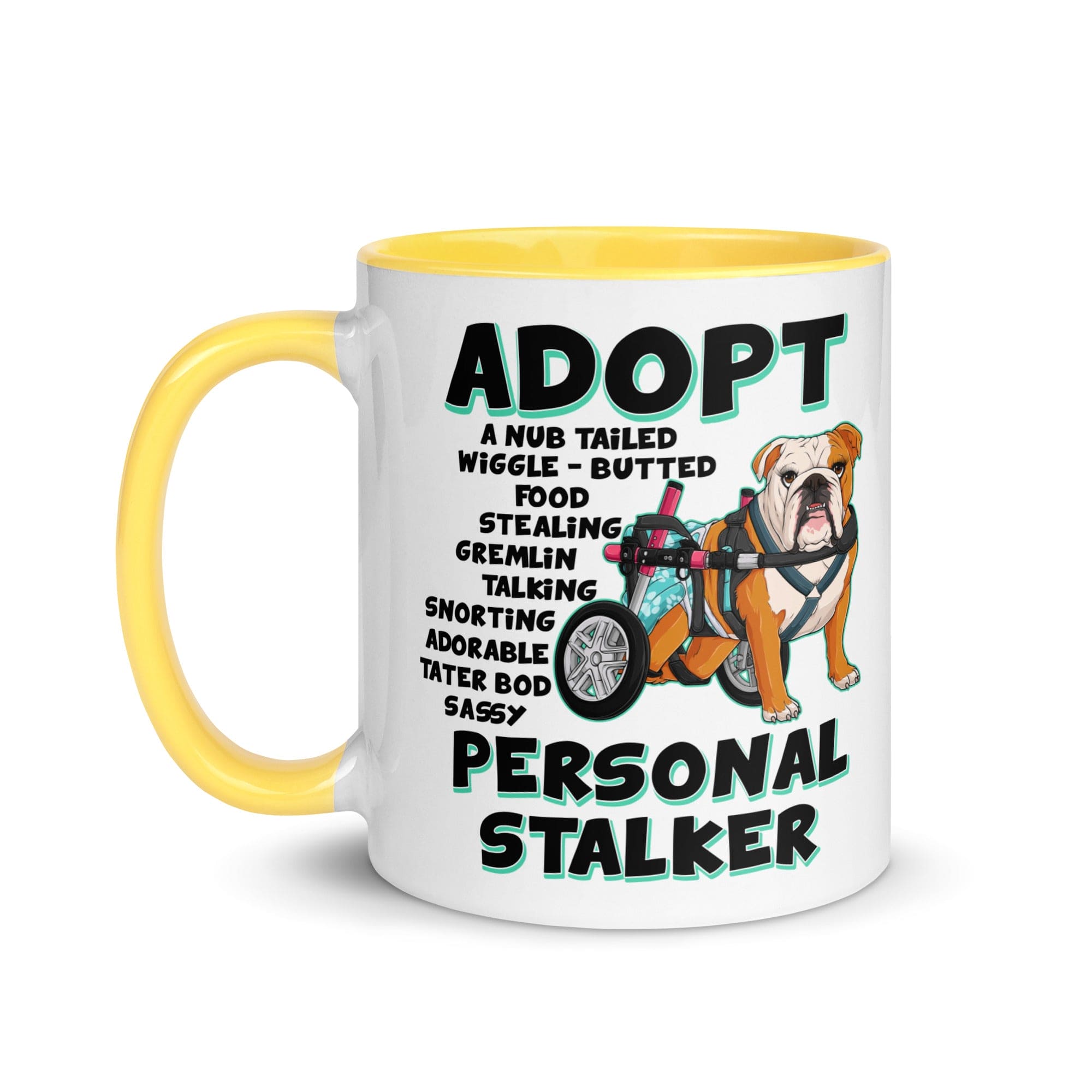 "Adopt A Personal Stalker" Female English Bulldog Mug | Red & White Colored with Spina Bifida in Wheelchair
