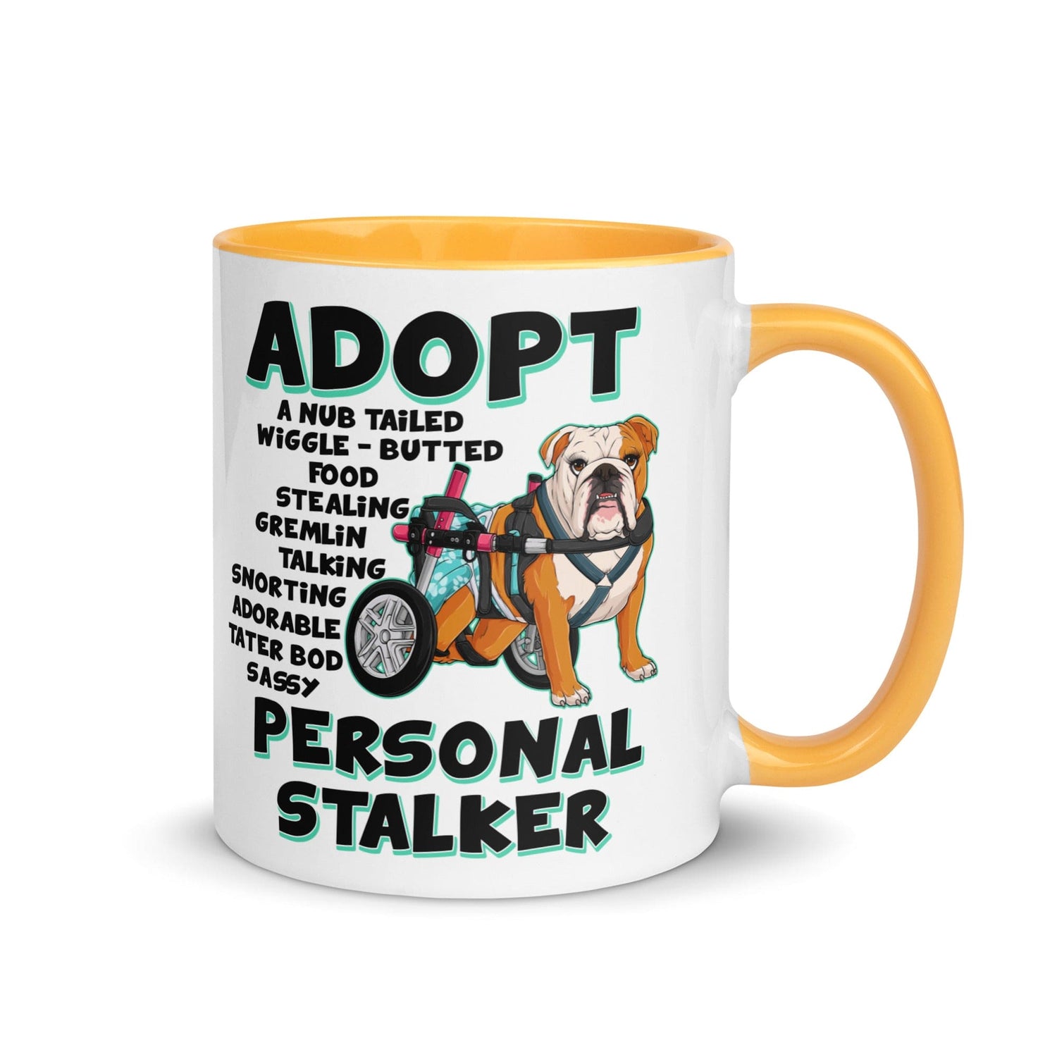 "Adopt A Personal Stalker" Female English Bulldog Mug | Red & White Colored with Spina Bifida in Wheelchair