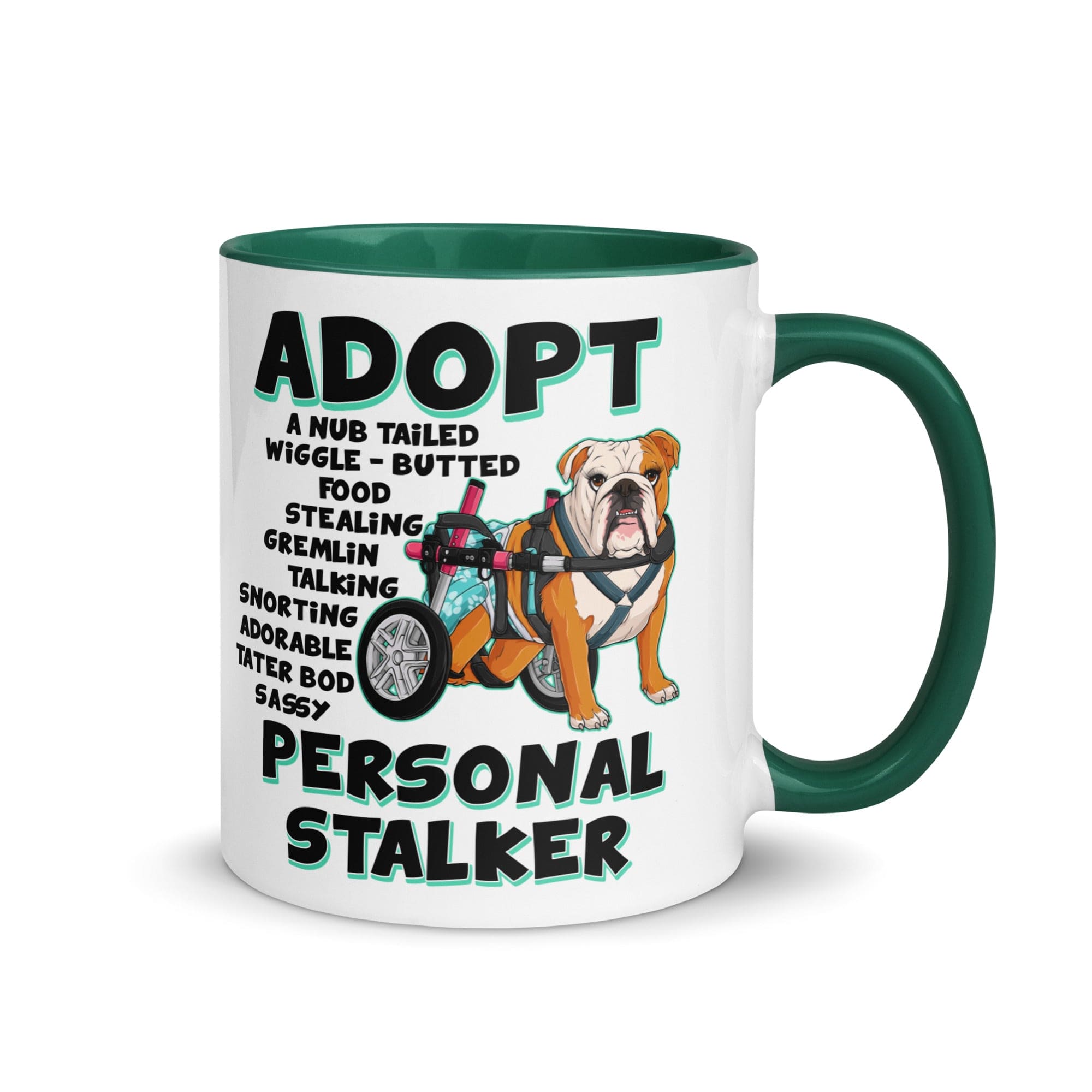 "Adopt A Personal Stalker" Female English Bulldog Mug | Red & White Colored with Spina Bifida in Wheelchair