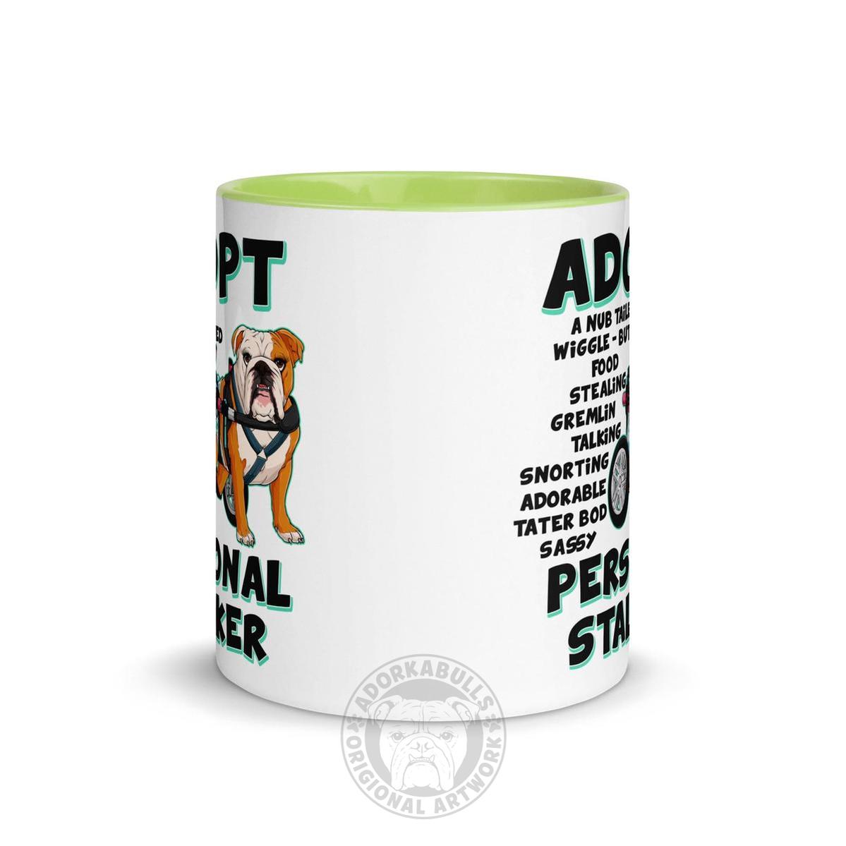 "Adopt A Personal Stalker" Female English Bulldog Mug | Red & White Colored with Spina Bifida in Wheelchair