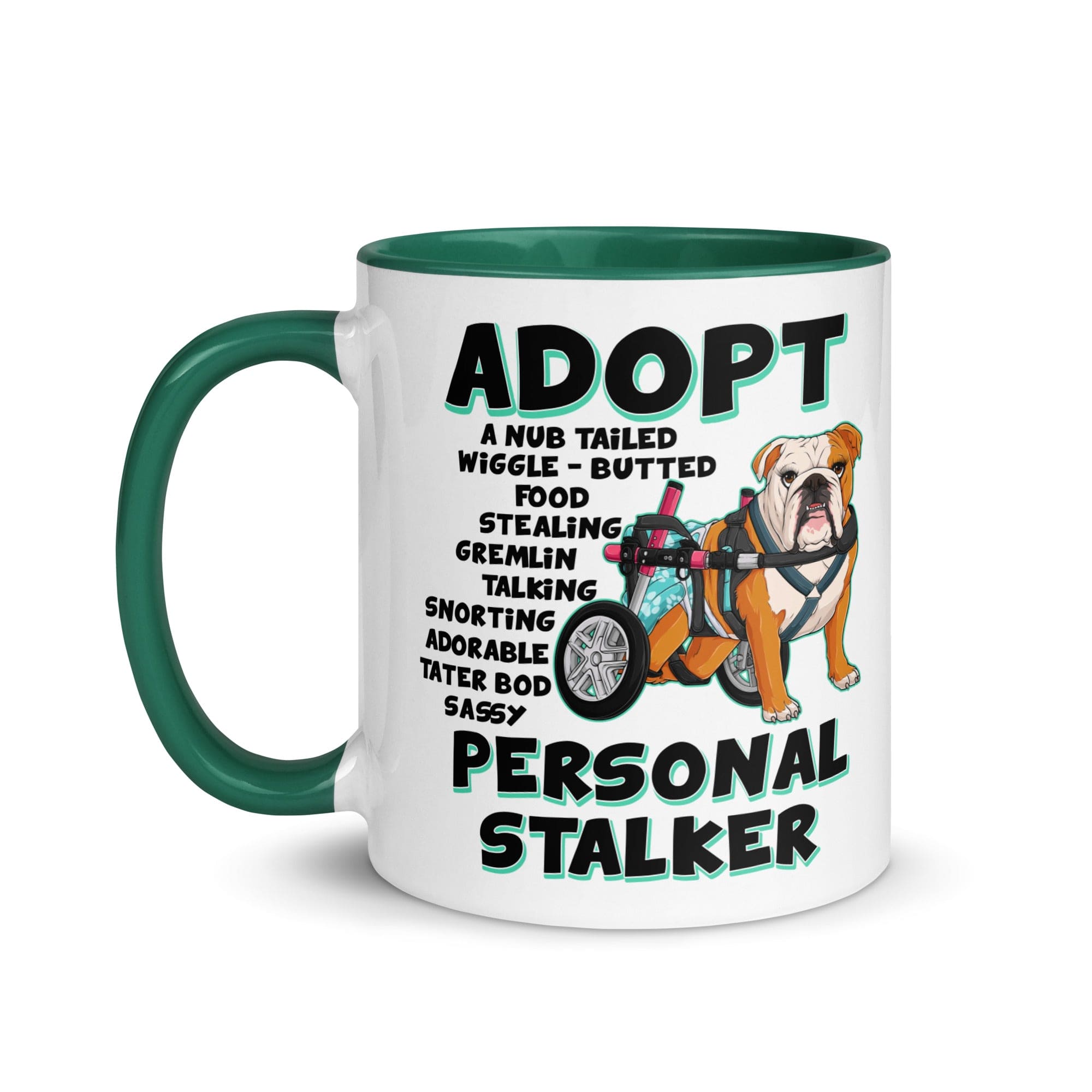 "Adopt A Personal Stalker" Female English Bulldog Mug | Red & White Colored with Spina Bifida in Wheelchair