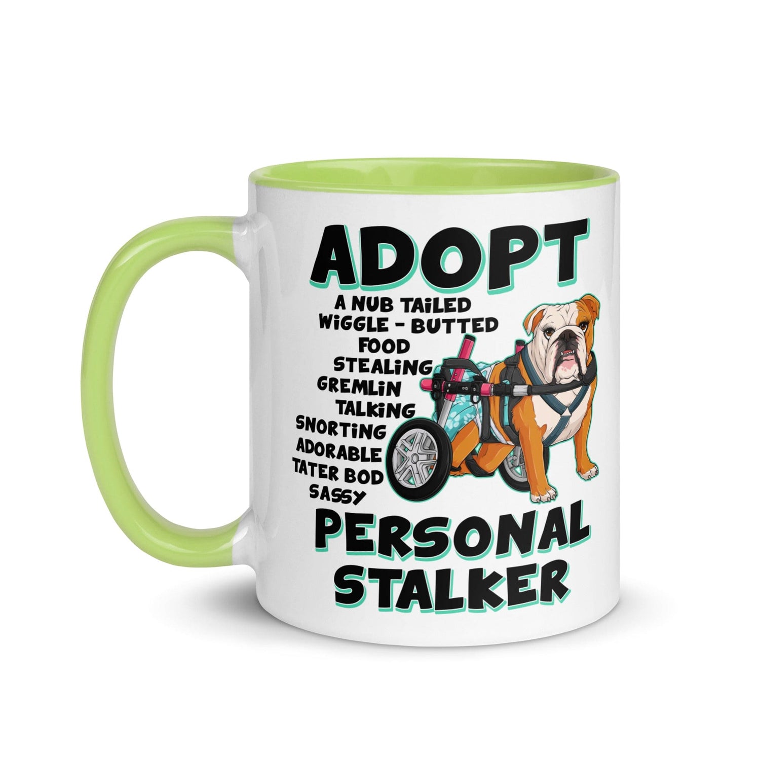 "Adopt A Personal Stalker" Female English Bulldog Mug | Red & White Colored with Spina Bifida in Wheelchair