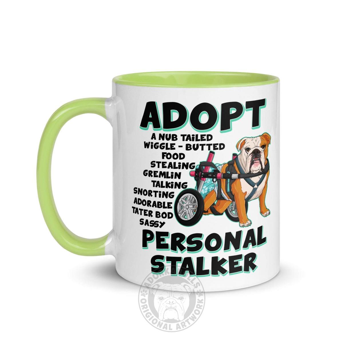 "Adopt A Personal Stalker" Female English Bulldog Mug | Red & White Colored with Spina Bifida in Wheelchair