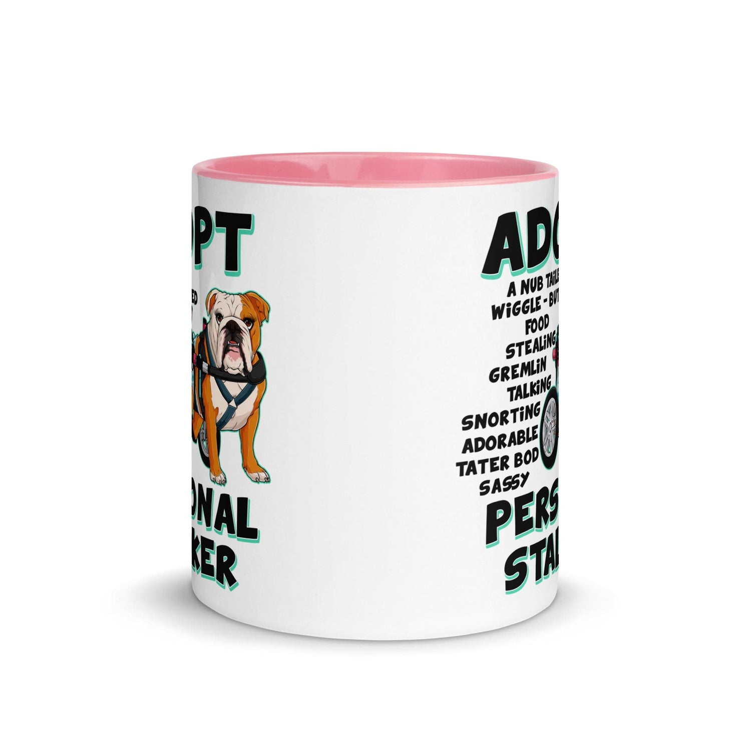 "Adopt A Personal Stalker" Female English Bulldog Mug | Red & White Colored with Spina Bifida in Wheelchair