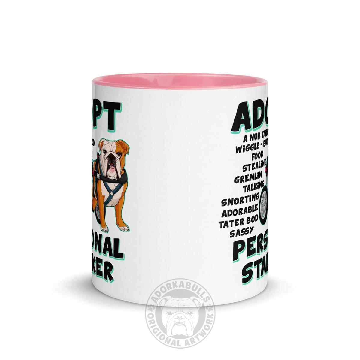 "Adopt A Personal Stalker" Female English Bulldog Mug | Red & White Colored with Spina Bifida in Wheelchair