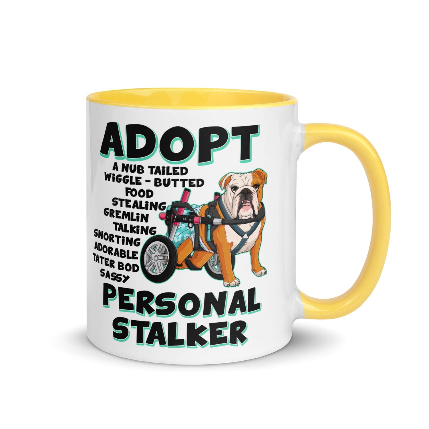 "Adopt A Personal Stalker" Female English Bulldog Mug | Red & White Colored with Spina Bifida in Wheelchair