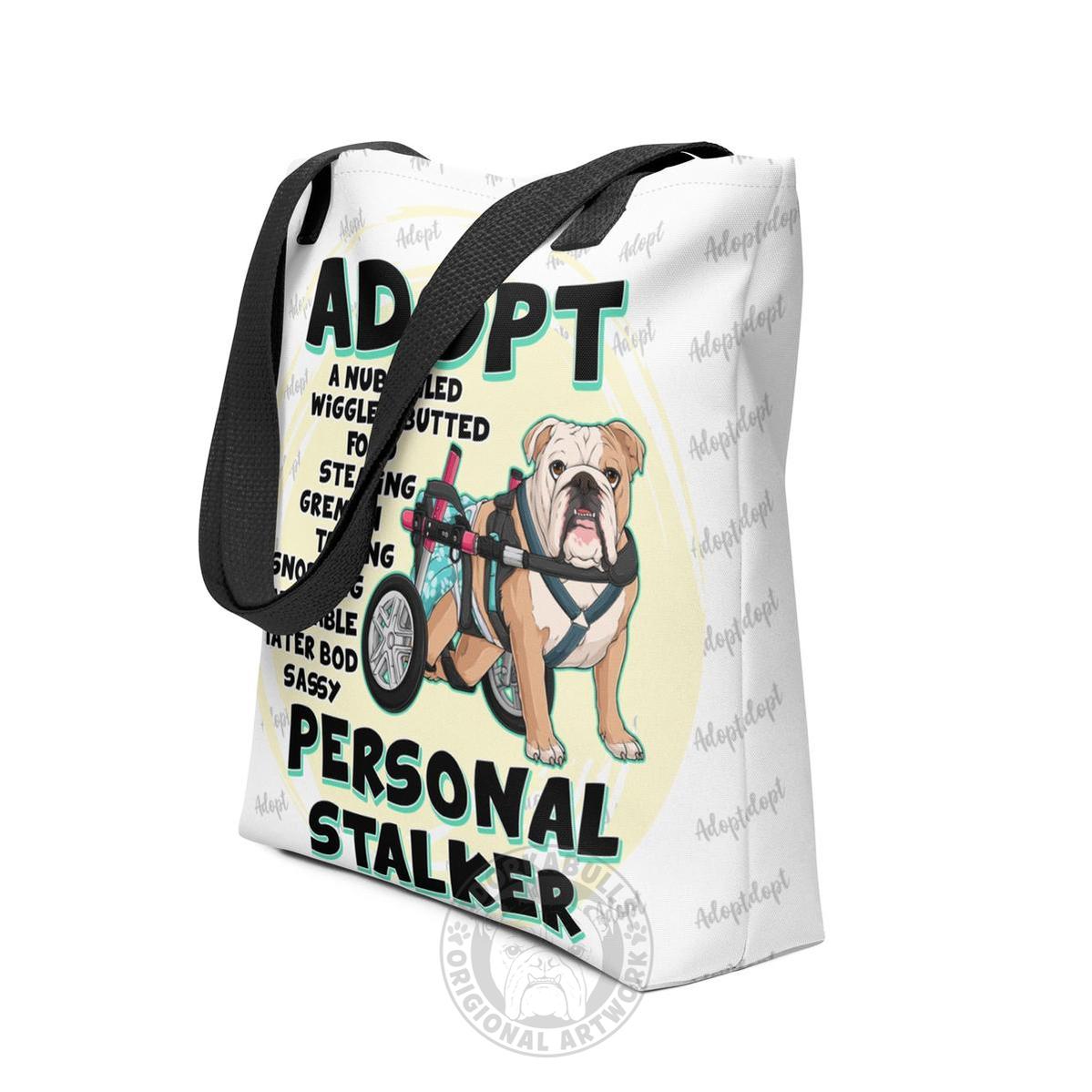 "Adopt A Personal Stalker" Female English Bulldog Tote Bag | Fawn & White Colored with Spina Bifida in Wheelchair