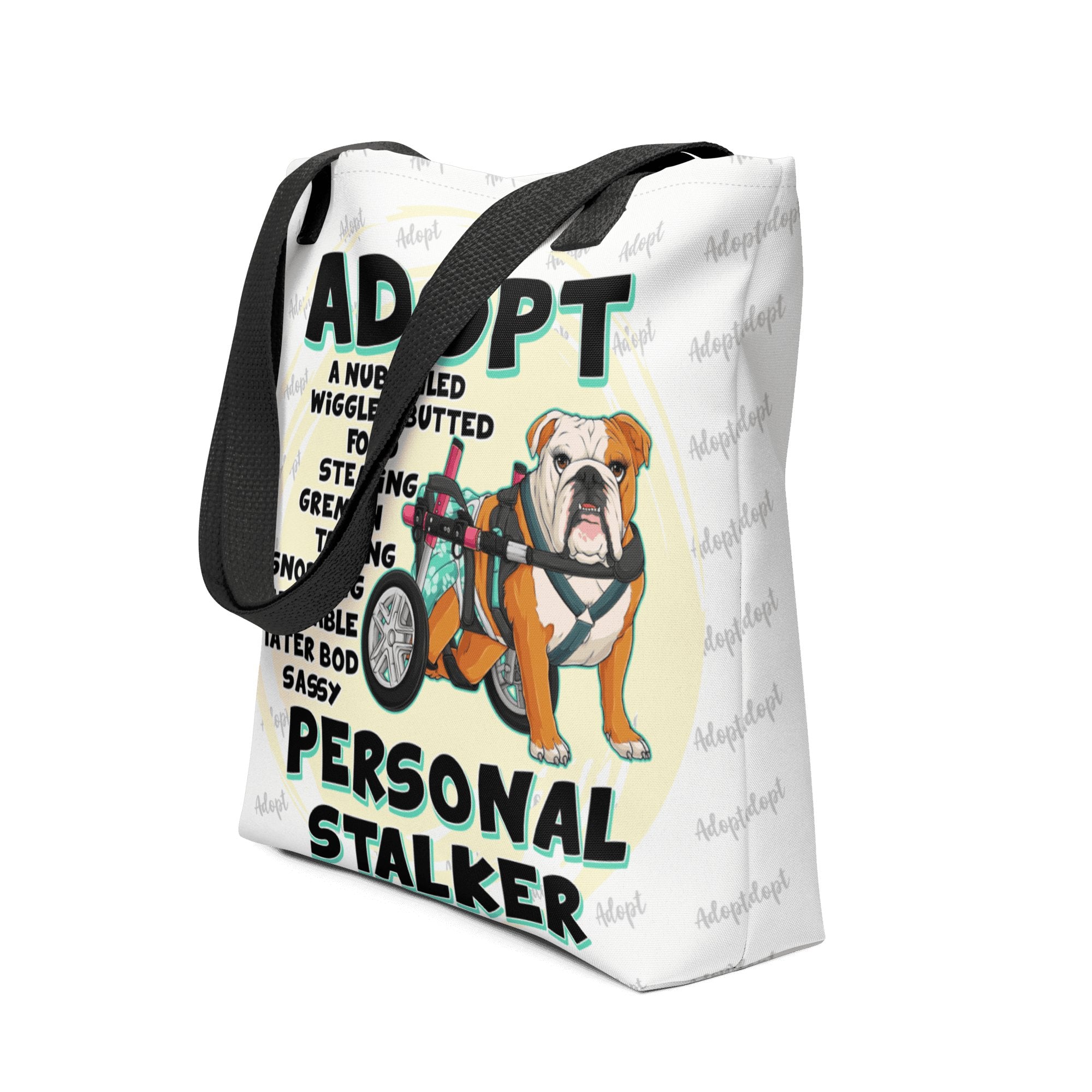 "Adopt A Personal Stalker" Female English Bulldog Tote Bag | Red & White Colored with Spina Bifida in Wheelchair