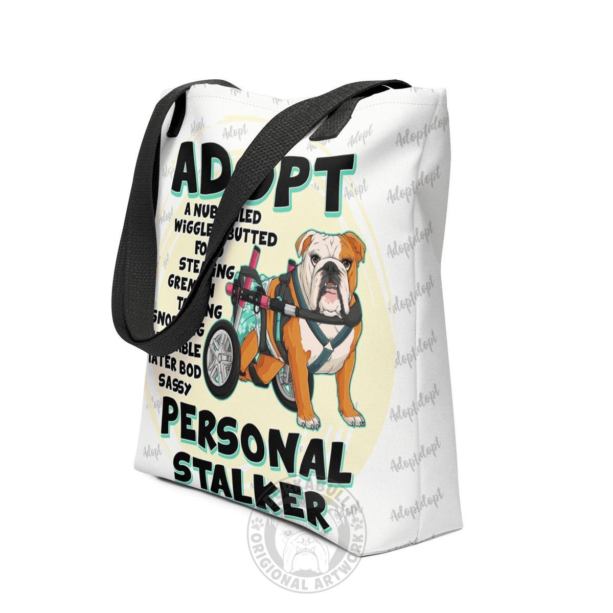 "Adopt A Personal Stalker" Female English Bulldog Tote Bag | Red & White Colored with Spina Bifida in Wheelchair