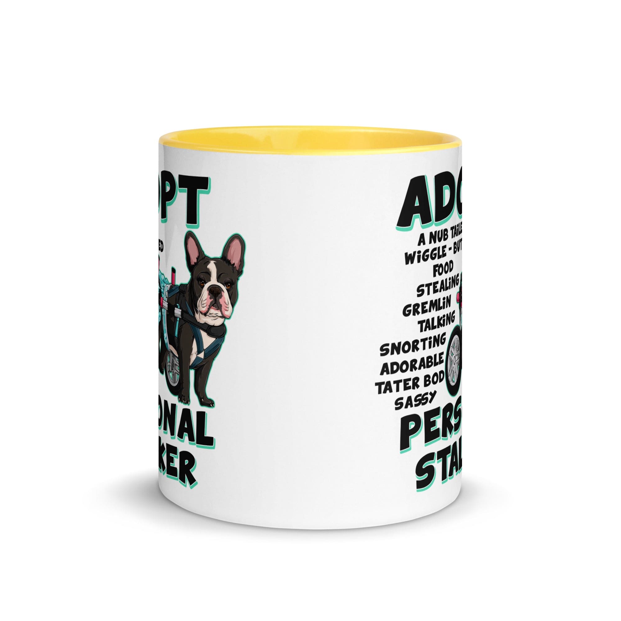 "Adopt A Personal Stalker" Female French Bulldog Mug | B&W Colored with Spina Bifida in Wheelchair