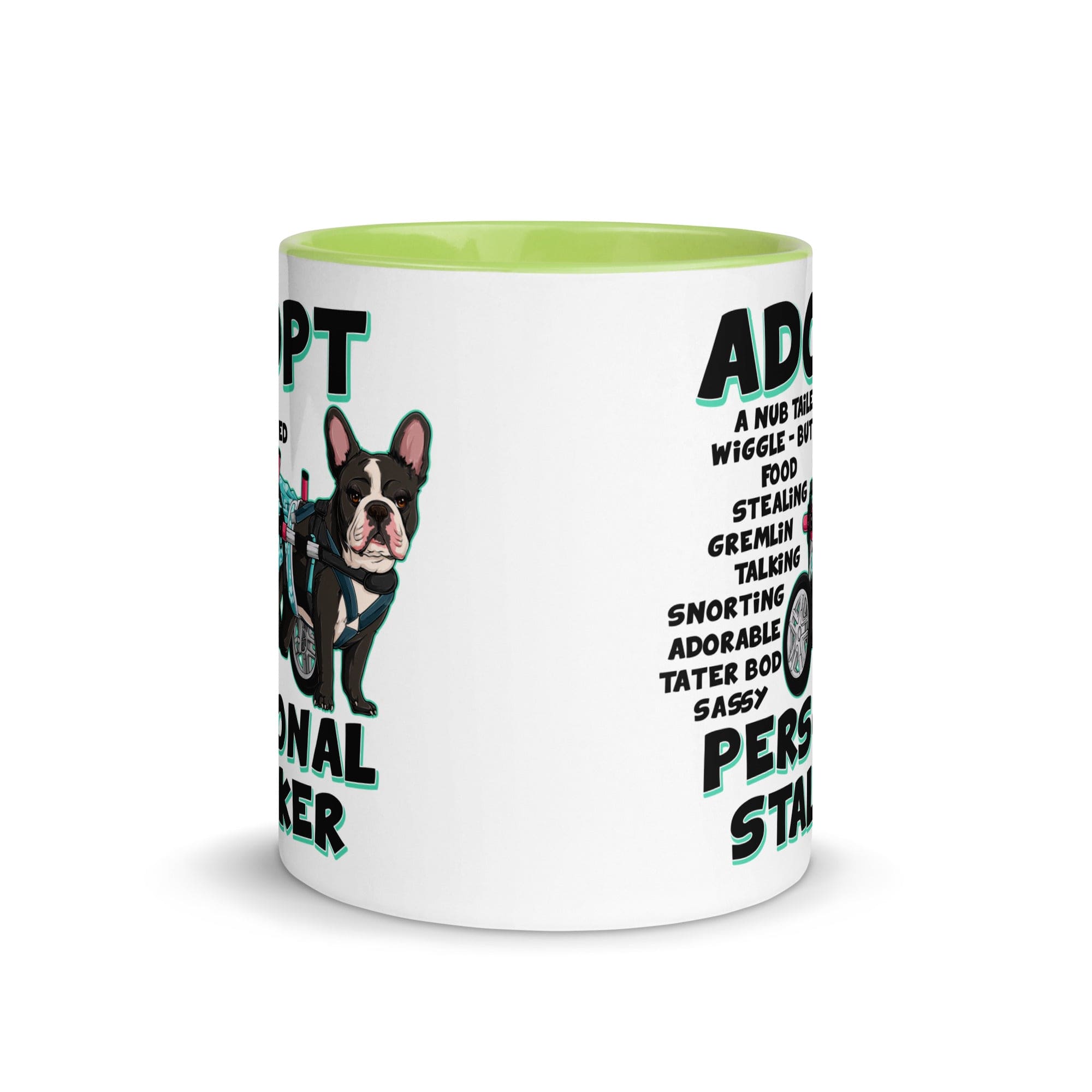 "Adopt A Personal Stalker" Female French Bulldog Mug | B&W Colored with Spina Bifida in Wheelchair