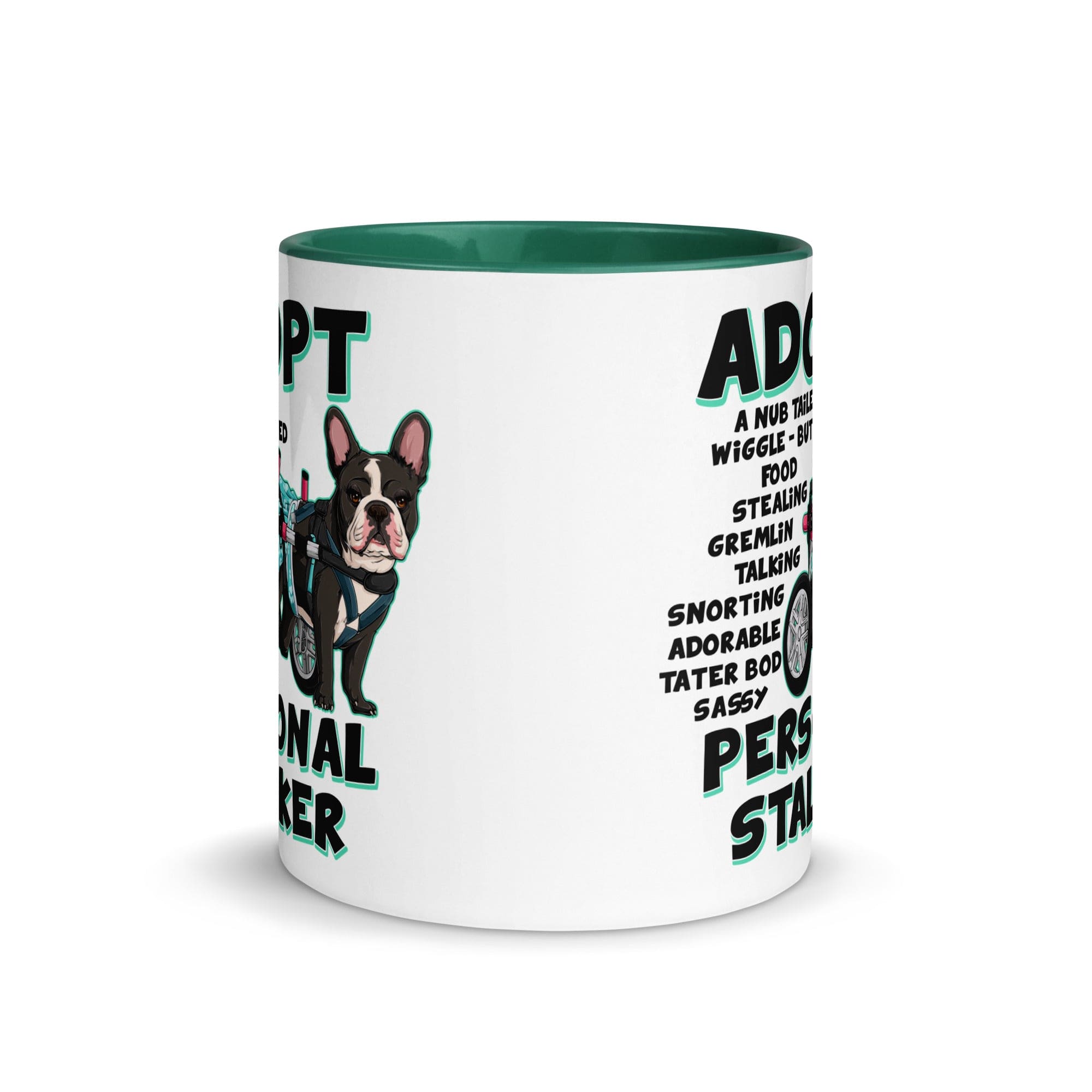 "Adopt A Personal Stalker" Female French Bulldog Mug | B&W Colored with Spina Bifida in Wheelchair