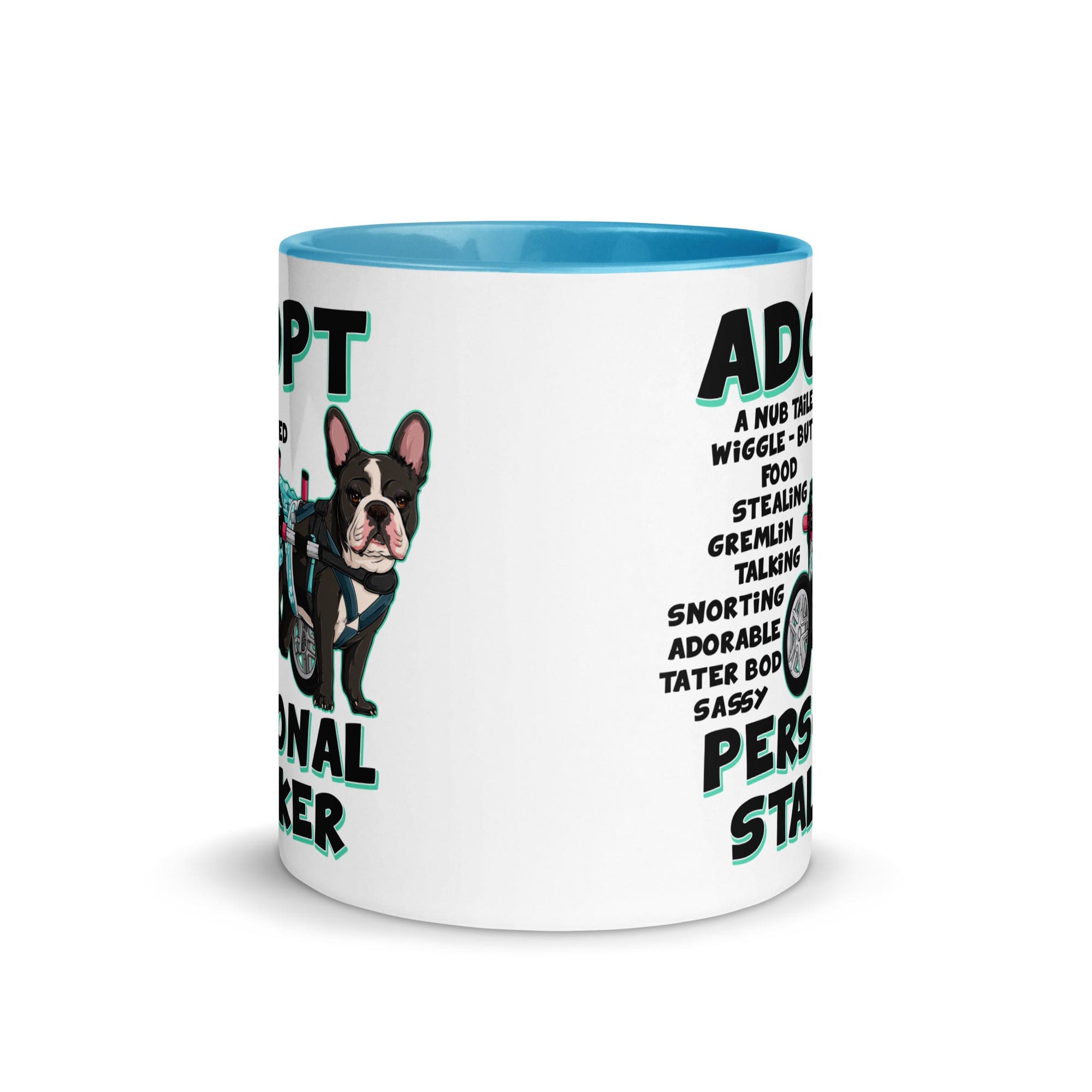 "Adopt A Personal Stalker" Female French Bulldog Mug | B&W Colored with Spina Bifida in Wheelchair