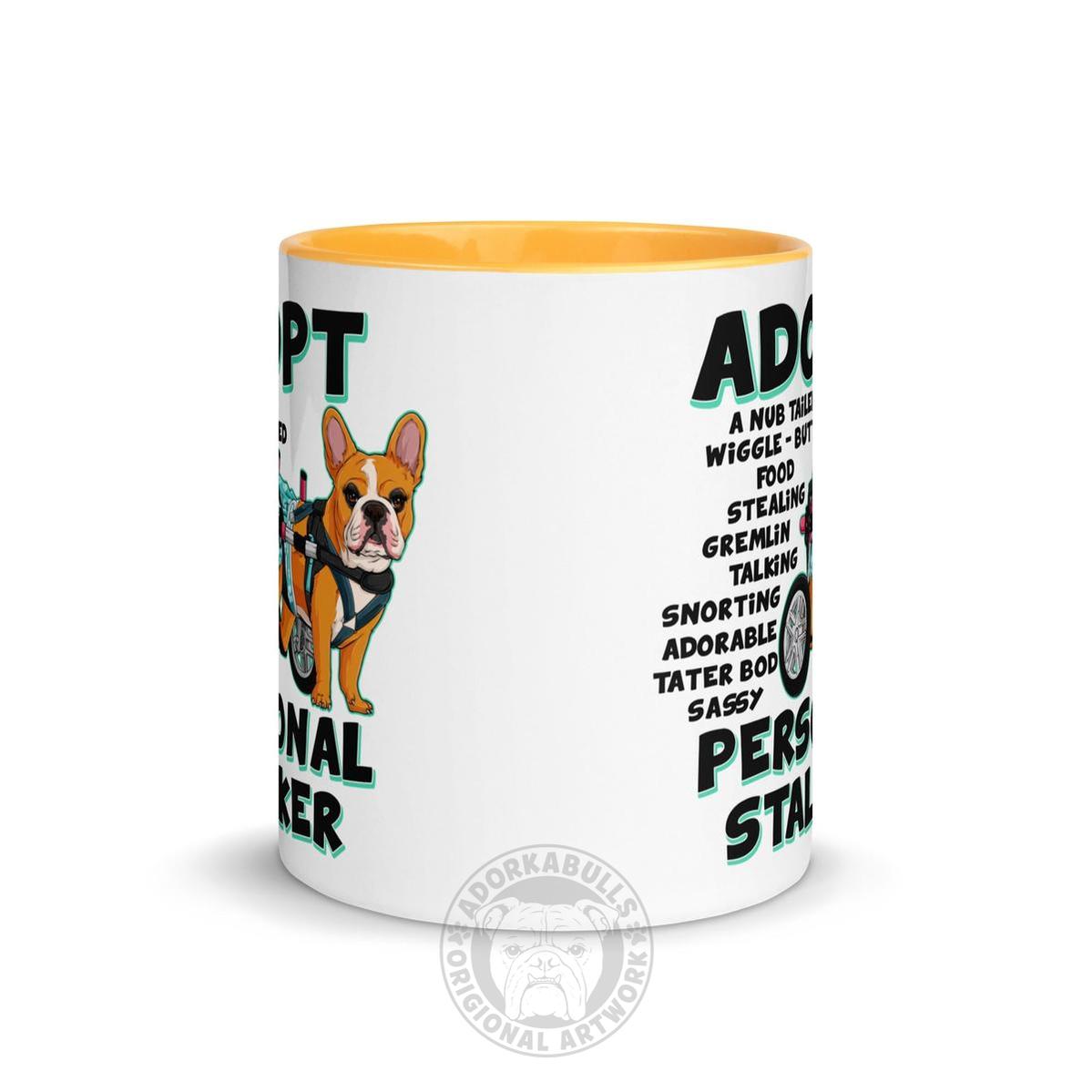 "Adopt A Personal Stalker" Female French Bulldog Mug | Red & White Colored with Spina Bifida in Wheelchair