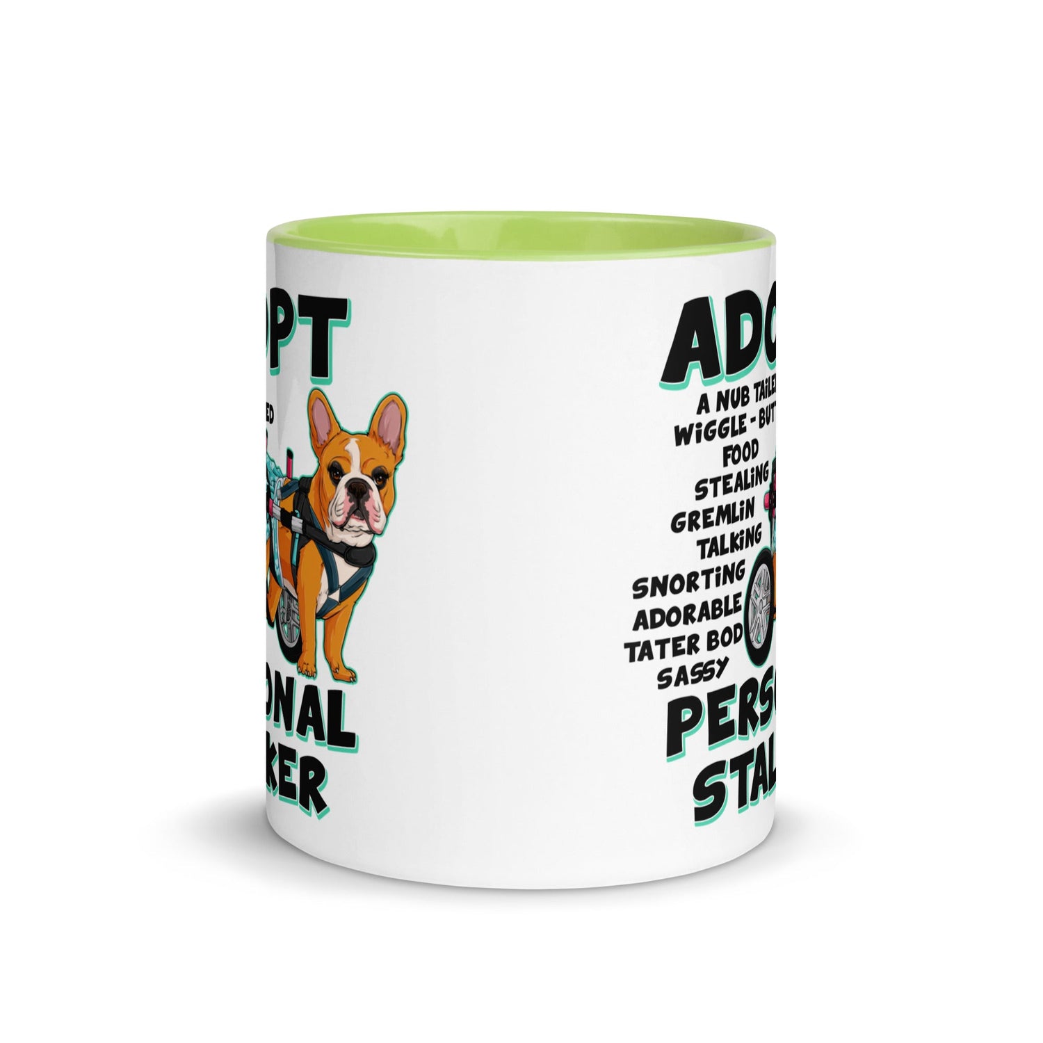 "Adopt A Personal Stalker" Female French Bulldog Mug | Red & White Colored with Spina Bifida in Wheelchair