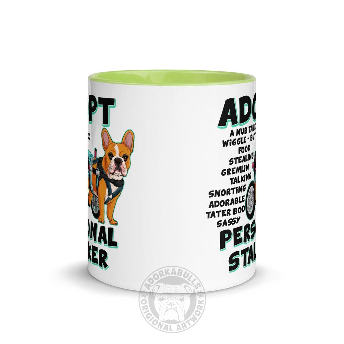 "Adopt A Personal Stalker" Female French Bulldog Mug | Red & White Colored with Spina Bifida in Wheelchair