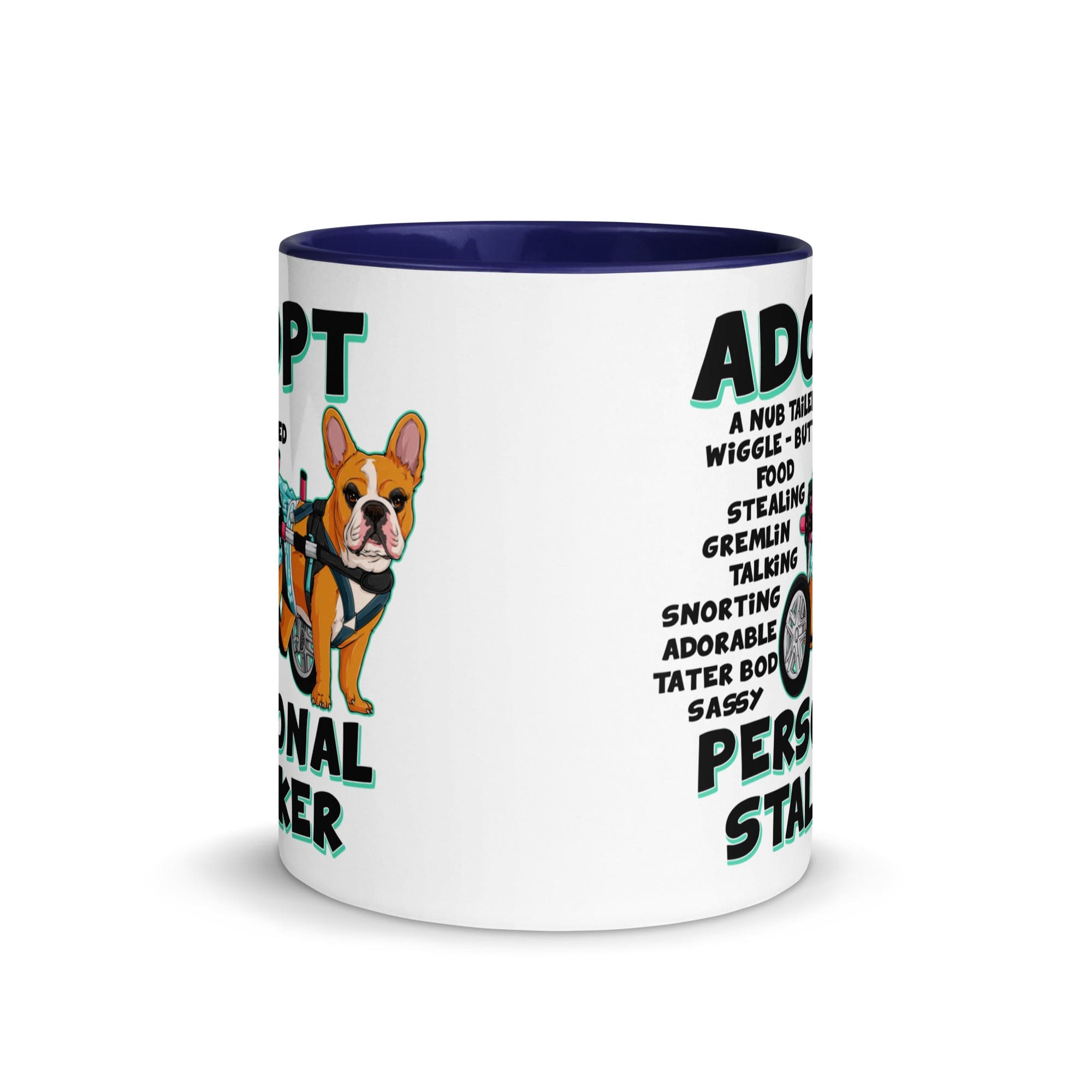 "Adopt A Personal Stalker" Female French Bulldog Mug | Red & White Colored with Spina Bifida in Wheelchair