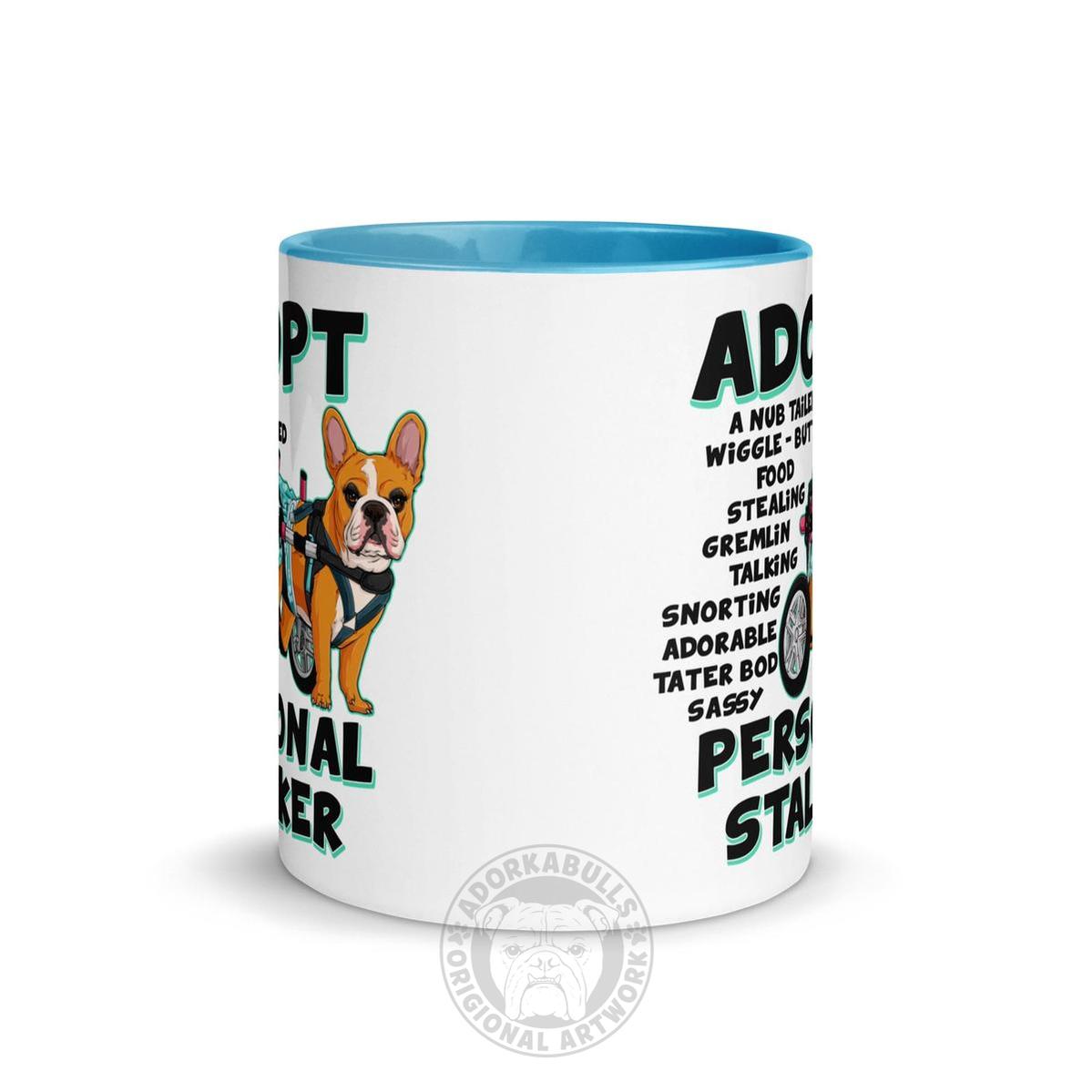 "Adopt A Personal Stalker" Female French Bulldog Mug | Red & White Colored with Spina Bifida in Wheelchair