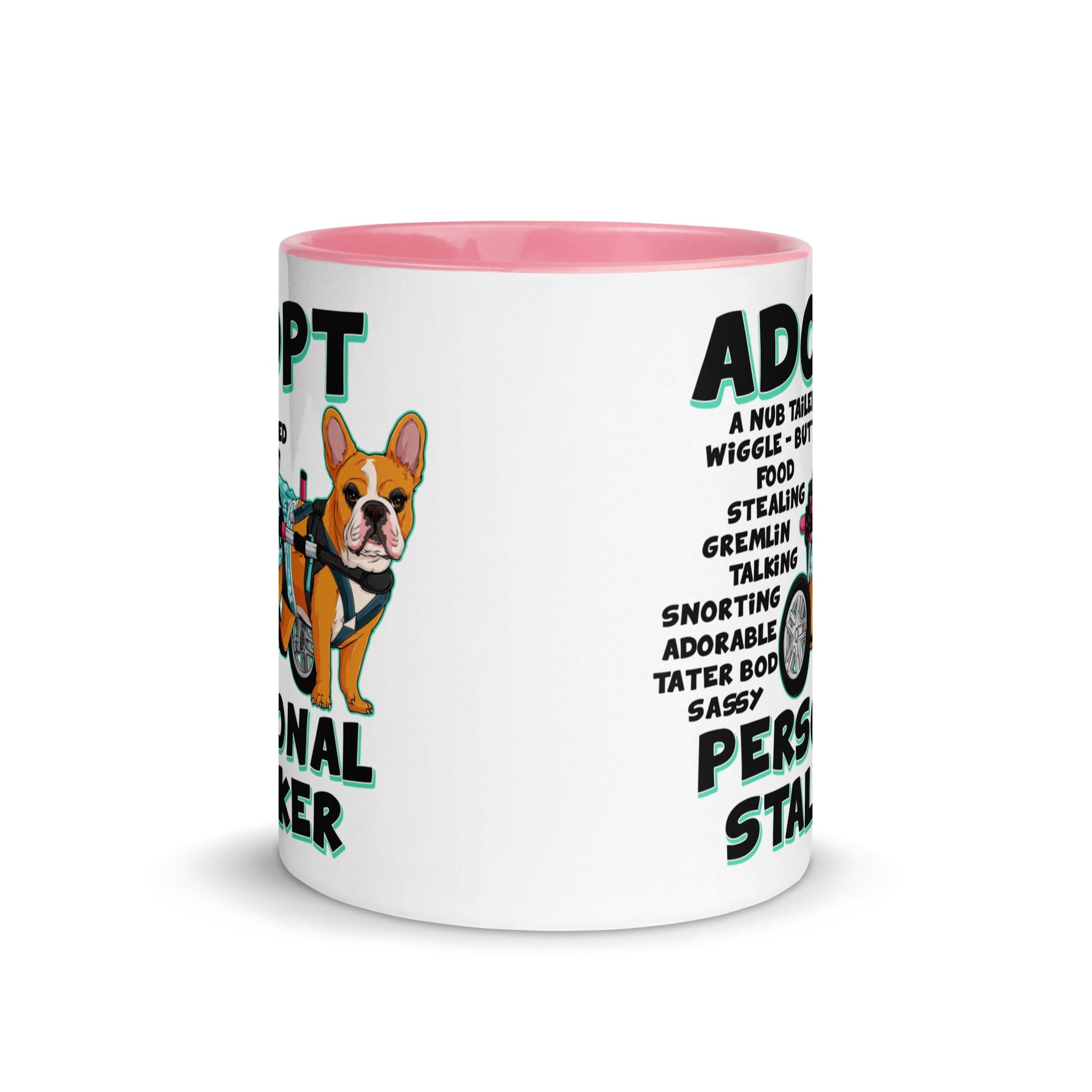 "Adopt A Personal Stalker" Female French Bulldog Mug | Red & White Colored with Spina Bifida in Wheelchair