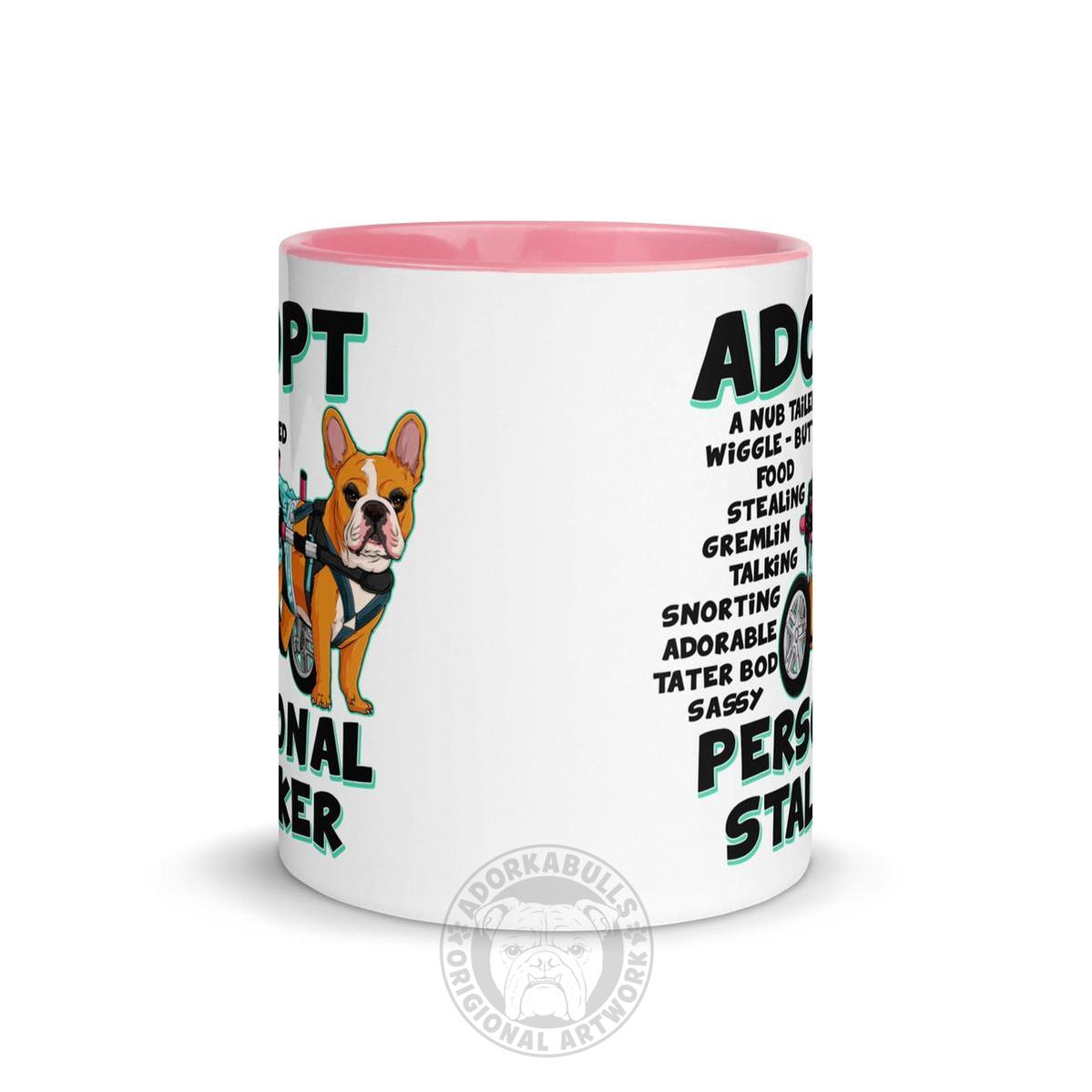 "Adopt A Personal Stalker" Female French Bulldog Mug | Red & White Colored with Spina Bifida in Wheelchair