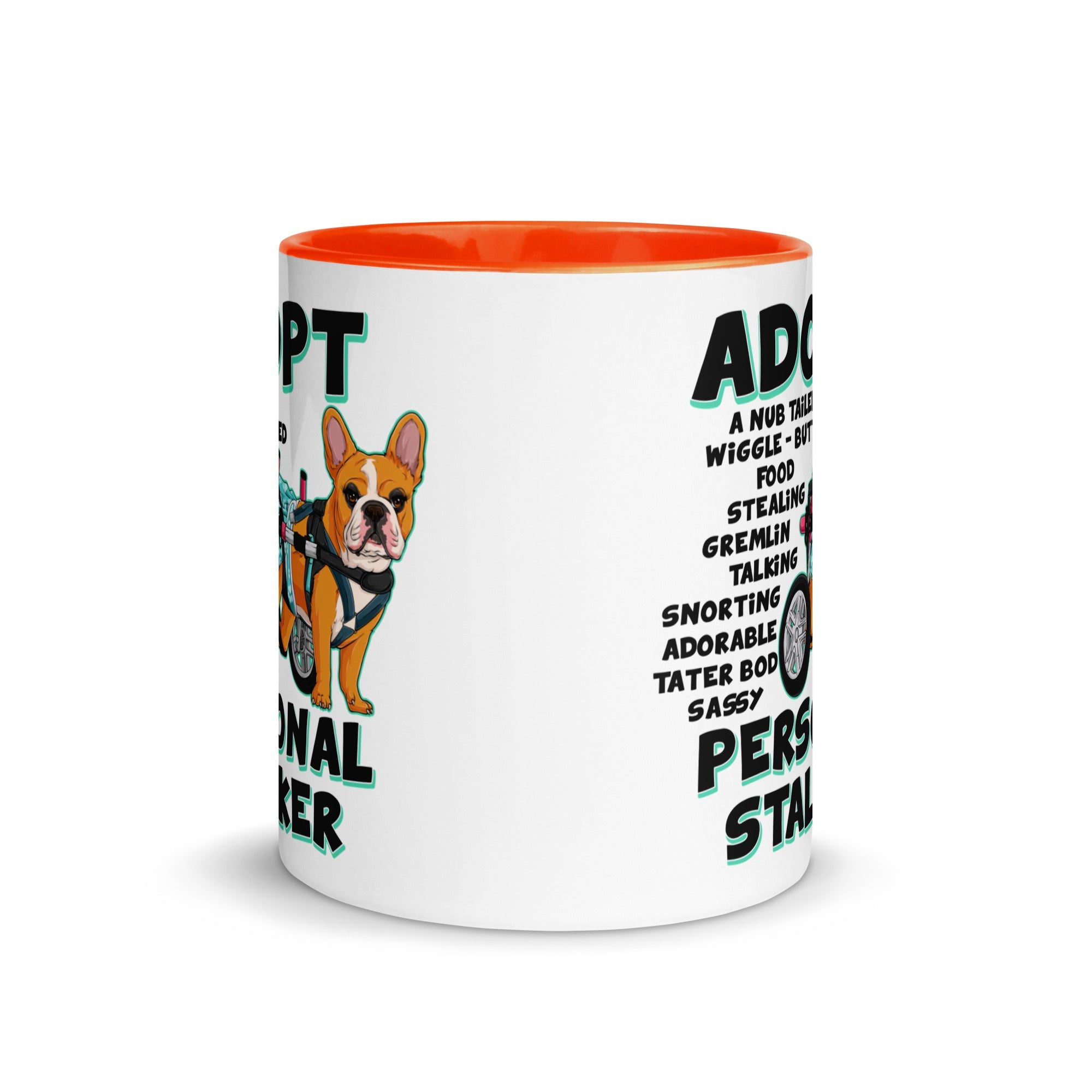 "Adopt A Personal Stalker" Female French Bulldog Mug | Red & White Colored with Spina Bifida in Wheelchair