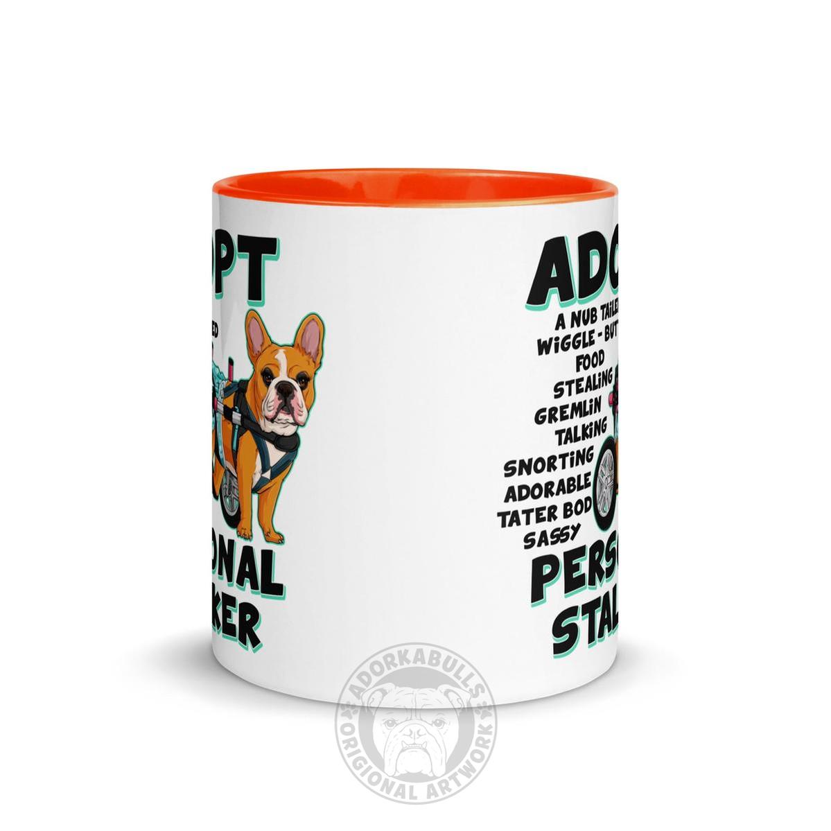 "Adopt A Personal Stalker" Female French Bulldog Mug | Red & White Colored with Spina Bifida in Wheelchair