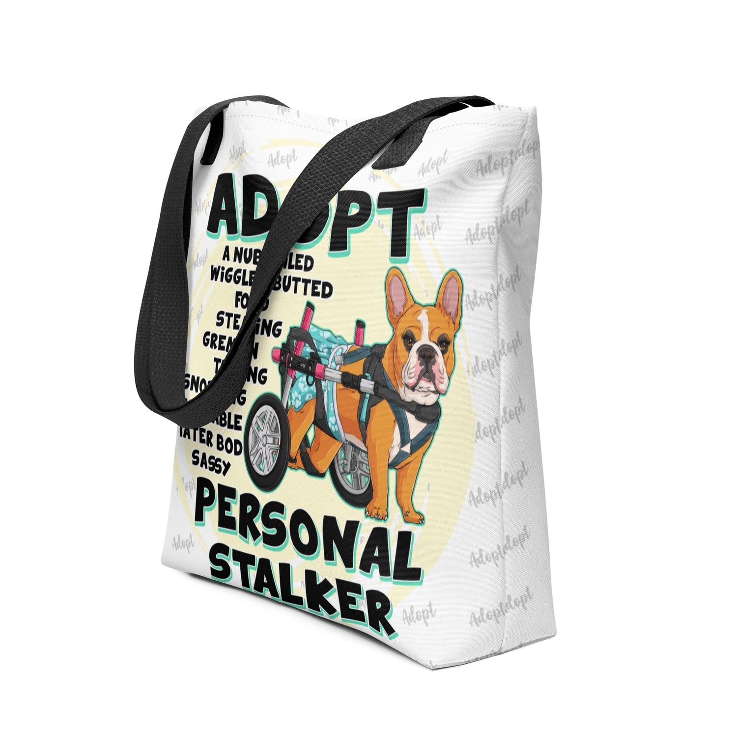 "Adopt A Personal Stalker" Female French Bulldog Tote Bag | Red & White Colored with Spina Bifida in Wheelchair