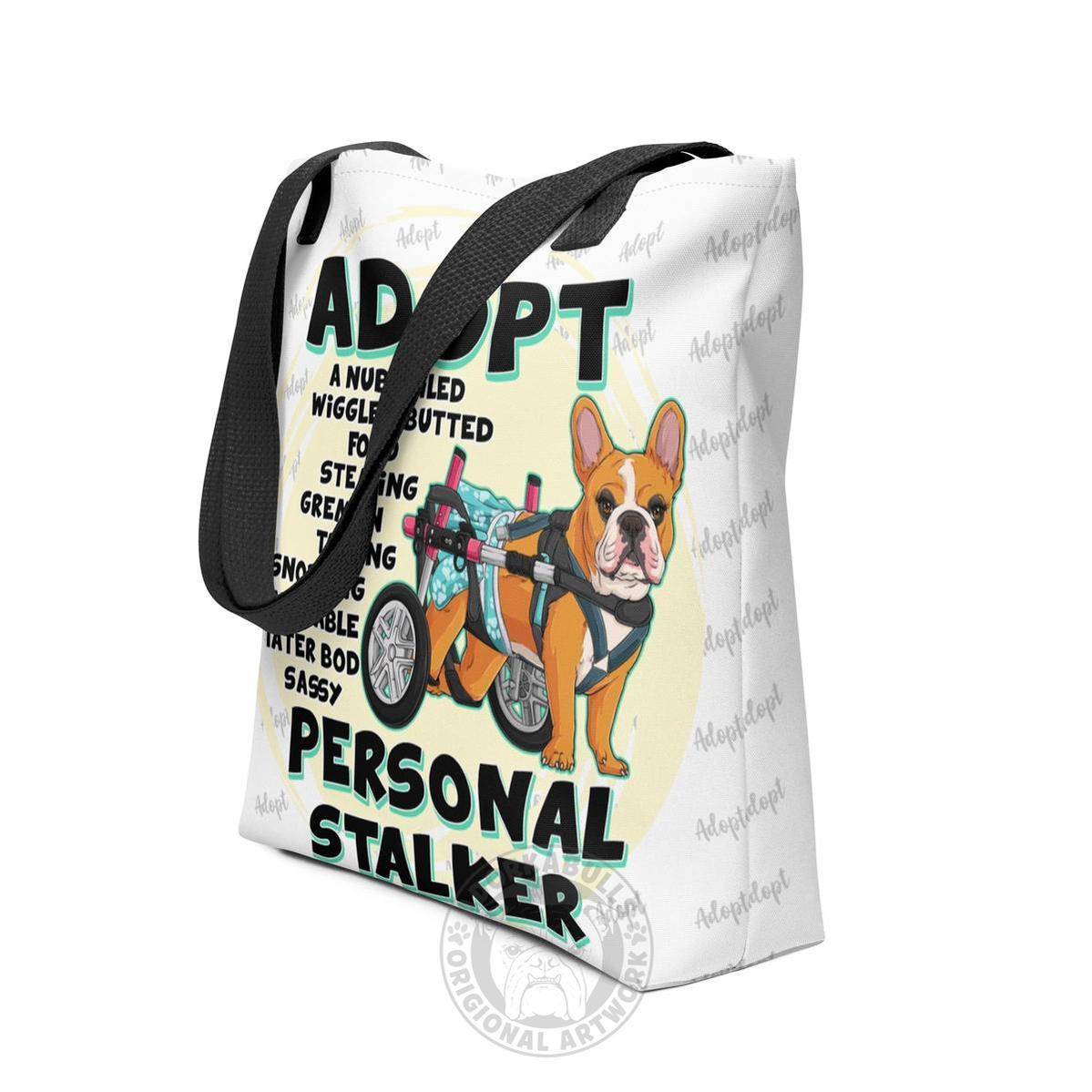 "Adopt A Personal Stalker" Female French Bulldog Tote Bag | Red & White Colored with Spina Bifida in Wheelchair