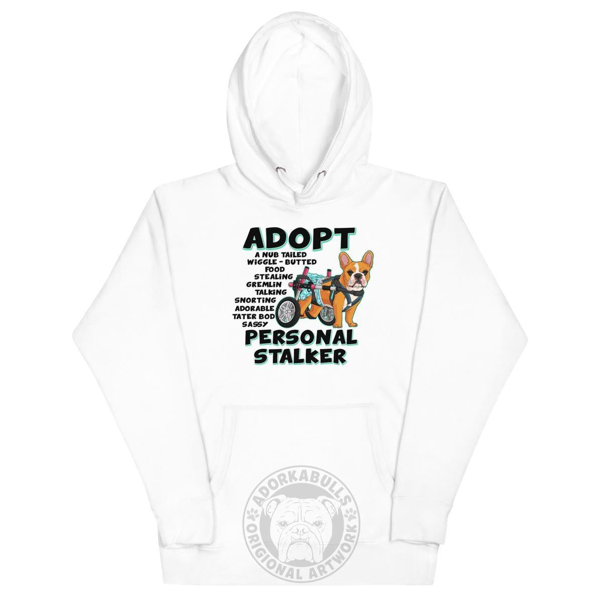 "Adopt A Personal Stalker" Female French Bulldog Unisex Hoodie | Red & White Colored with Spina Bifida in Wheelchair