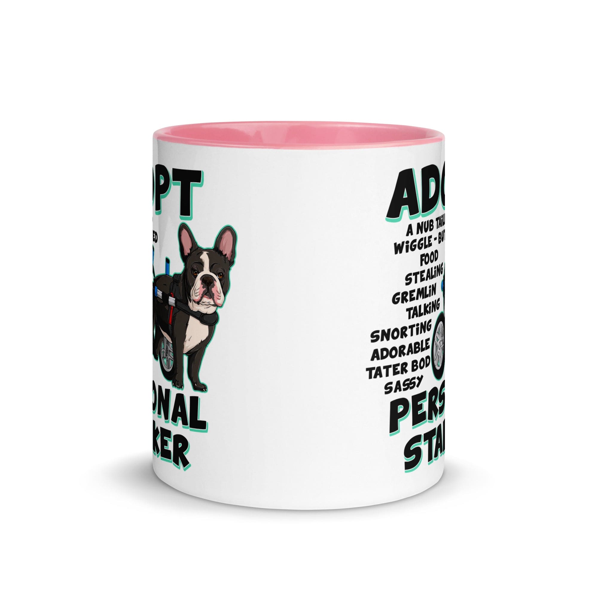 "Adopt A Personal Stalker" French Bulldog Mug | B&W Colored with Spina Bifida in Wheelchair