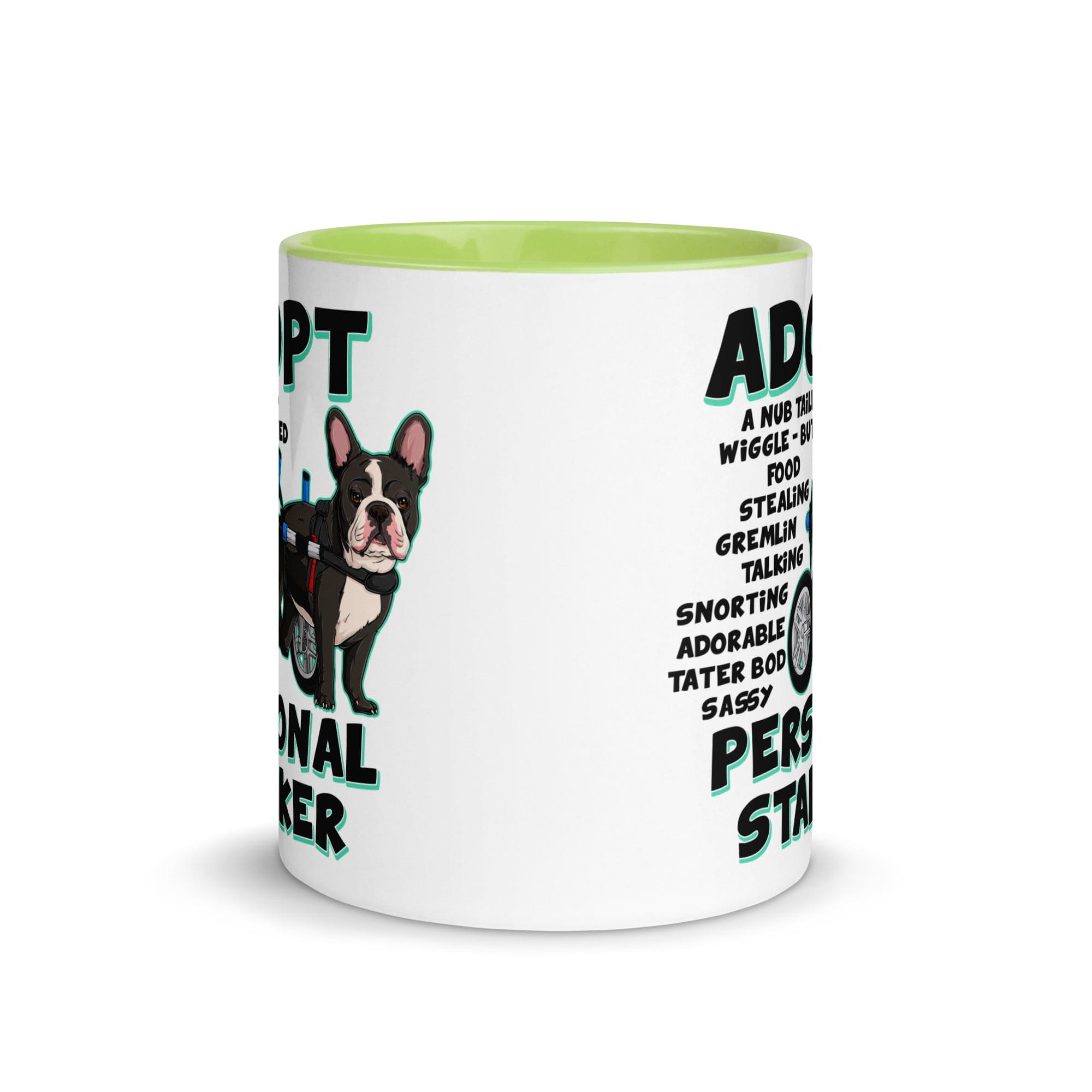 "Adopt A Personal Stalker" French Bulldog Mug | B&W Colored with Spina Bifida in Wheelchair