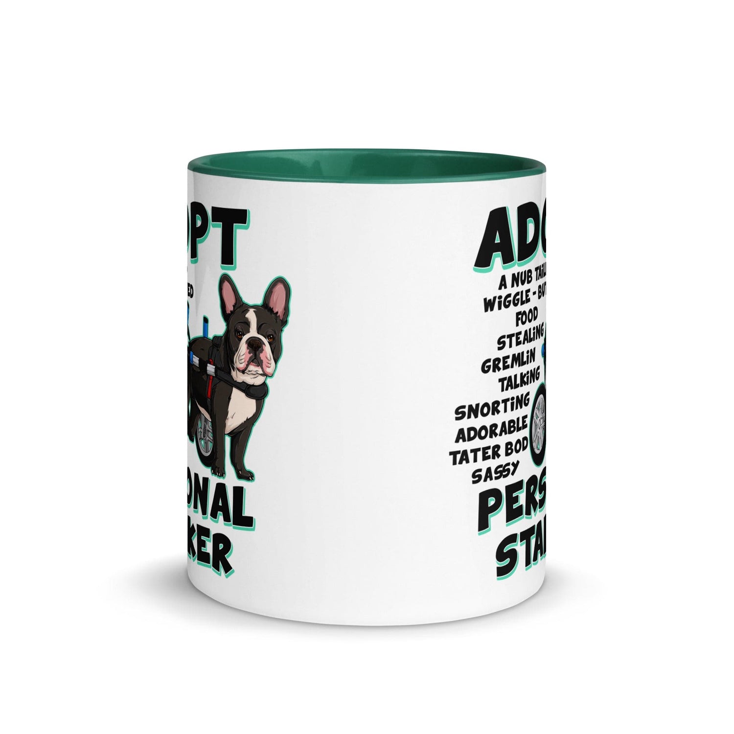 "Adopt A Personal Stalker" French Bulldog Mug | B&W Colored with Spina Bifida in Wheelchair