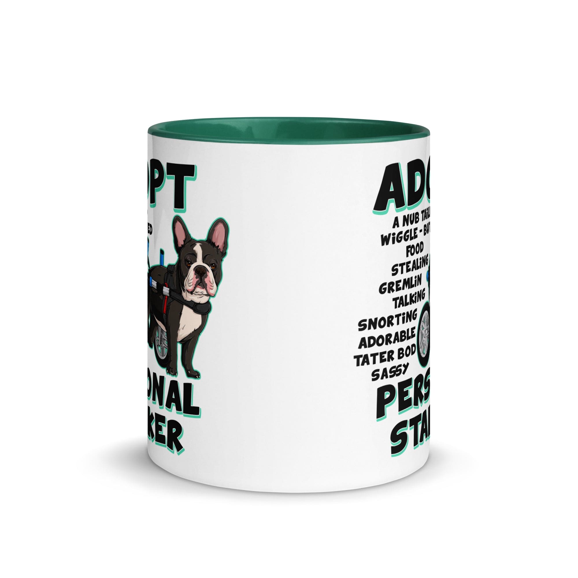 "Adopt A Personal Stalker" French Bulldog Mug | B&W Colored with Spina Bifida in Wheelchair
