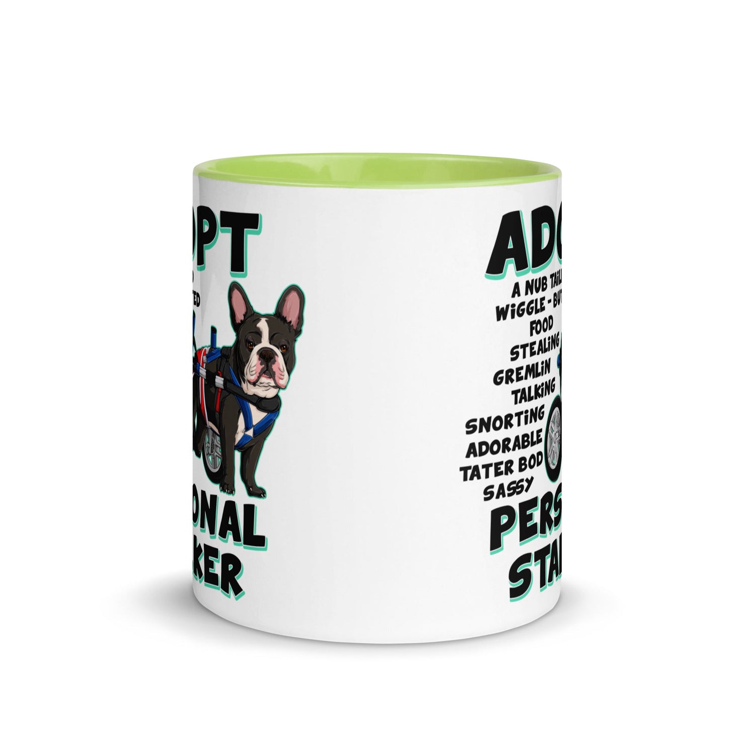 "Adopt A Personal Stalker" French Bulldog Mug | B&W Colored with Spina Bifida in Wheelchair