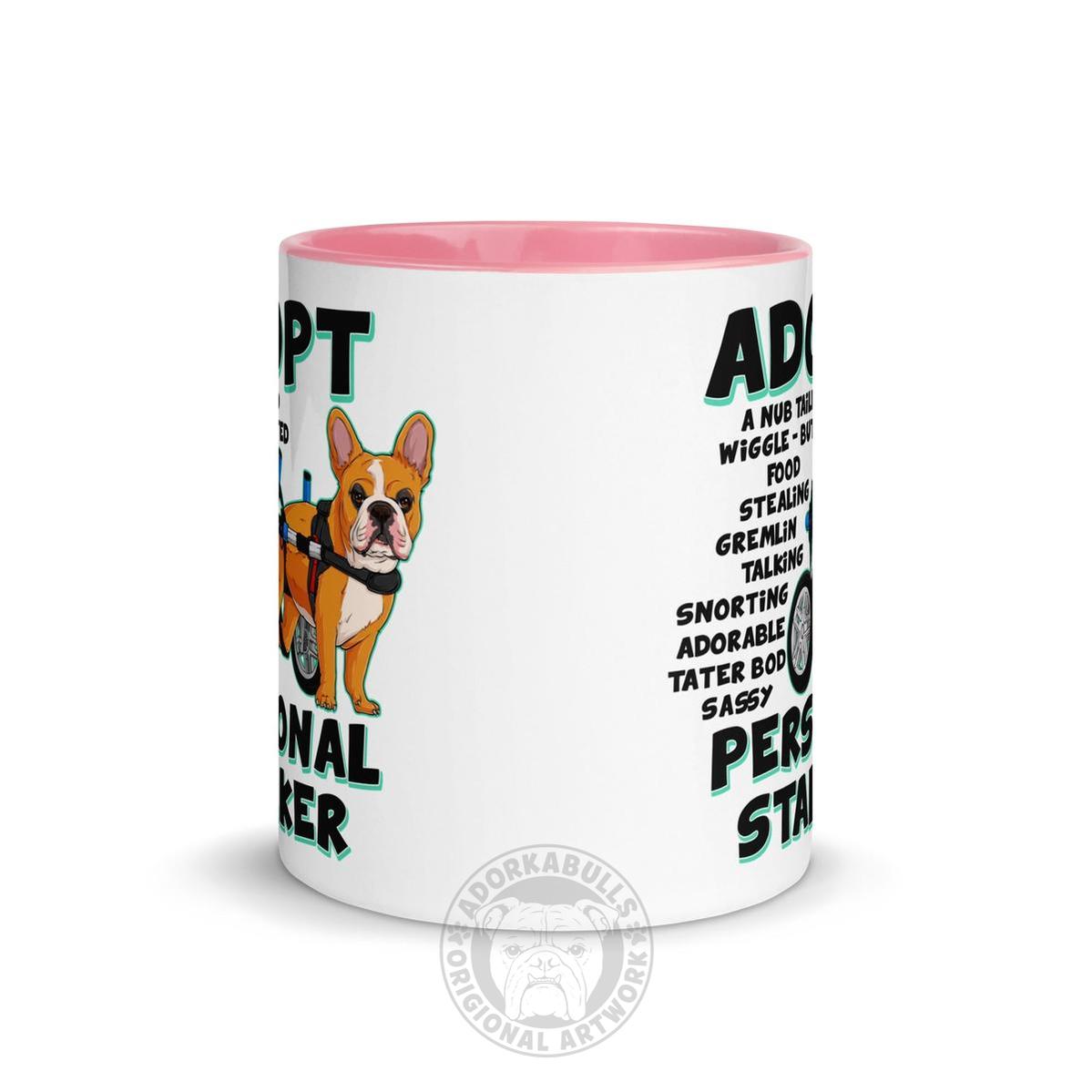 "Adopt A Personal Stalker" French Bulldog Mug | Red & White Colored in Wheelchair